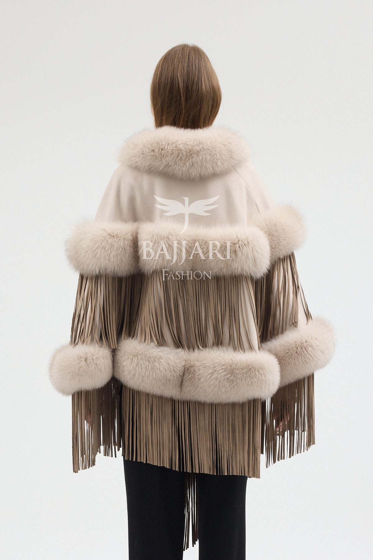 Cashmere Real Fox Fur Embroidered Tassel Cape Shawl