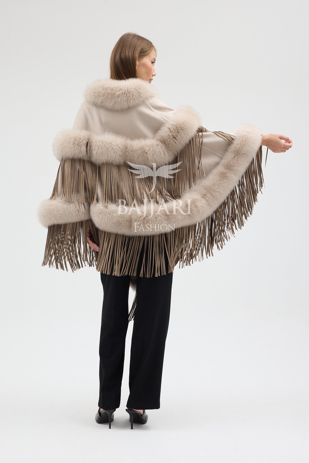 Cashmere Real Fox Fur Embroidered Tassel Cape Shawl