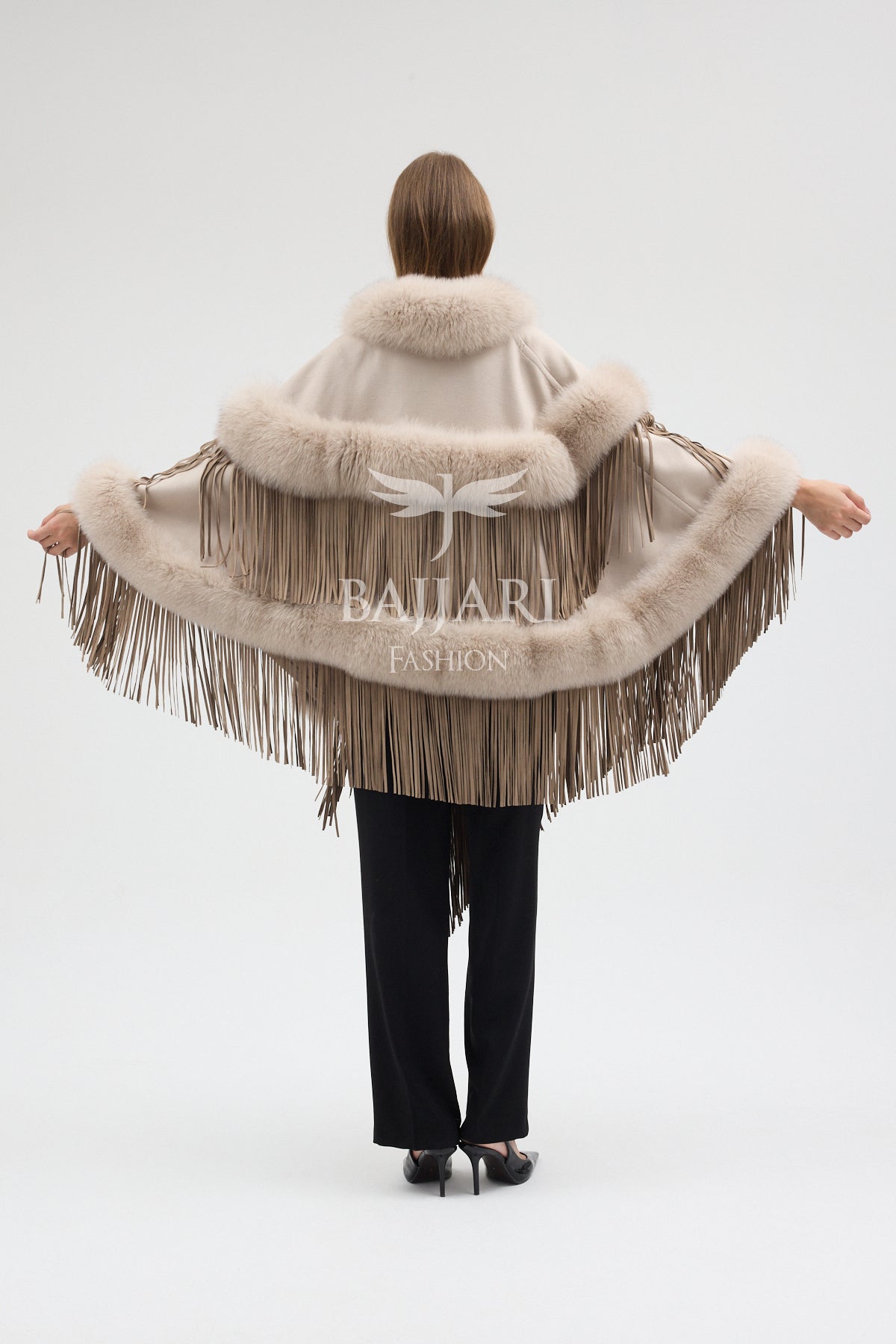 Cashmere Real Fox Fur Embroidered Tassel Cape Shawl