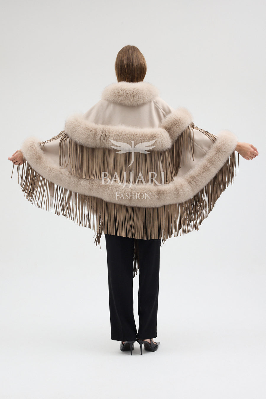 Cashmere Real Fox Fur Embroidered Tassel Cape Shawl