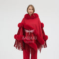 Hooded Cashmere Real Fox Fur Embroidered Tassel Cape Shawl