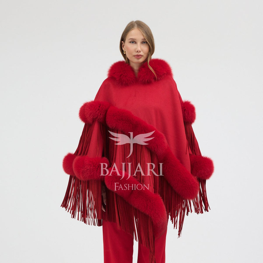 Hooded Cashmere Real Fox Fur Embroidered Tassel Cape Shawl