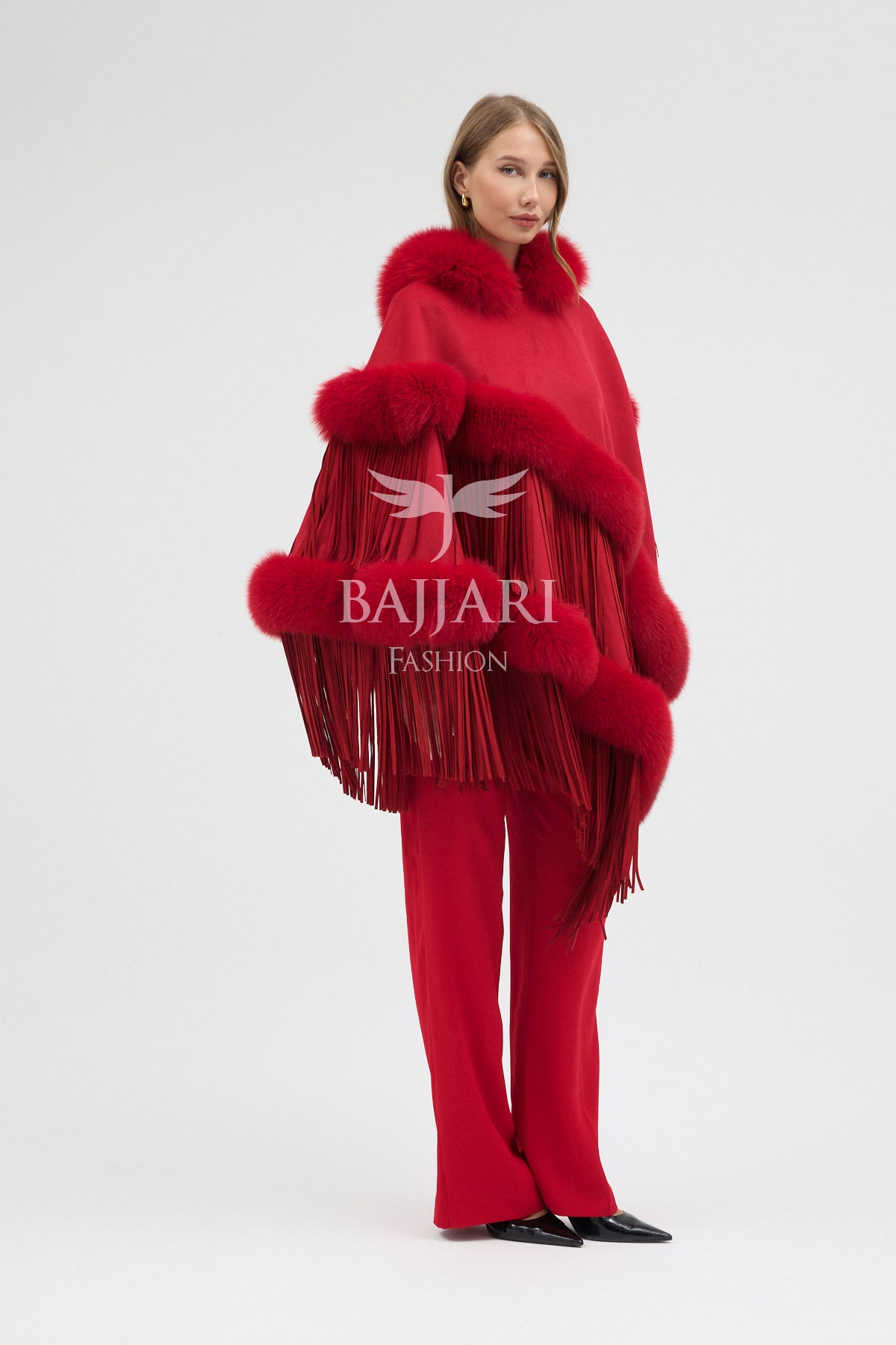 Hooded Cashmere Real Fox Fur Embroidered Tassel Cape Shawl