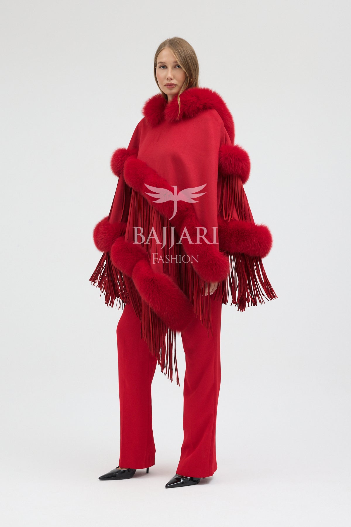 Hooded Cashmere Real Fox Fur Embroidered Tassel Cape Shawl