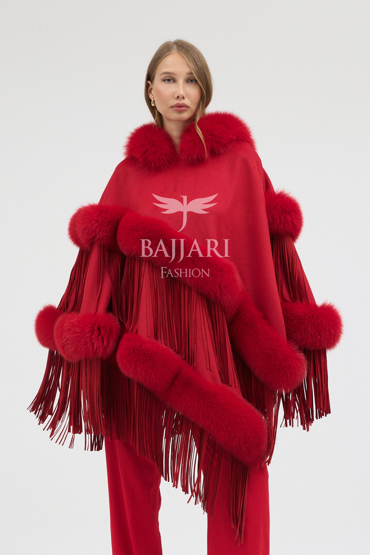 Hooded Cashmere Real Fox Fur Embroidered Tassel Cape Shawl