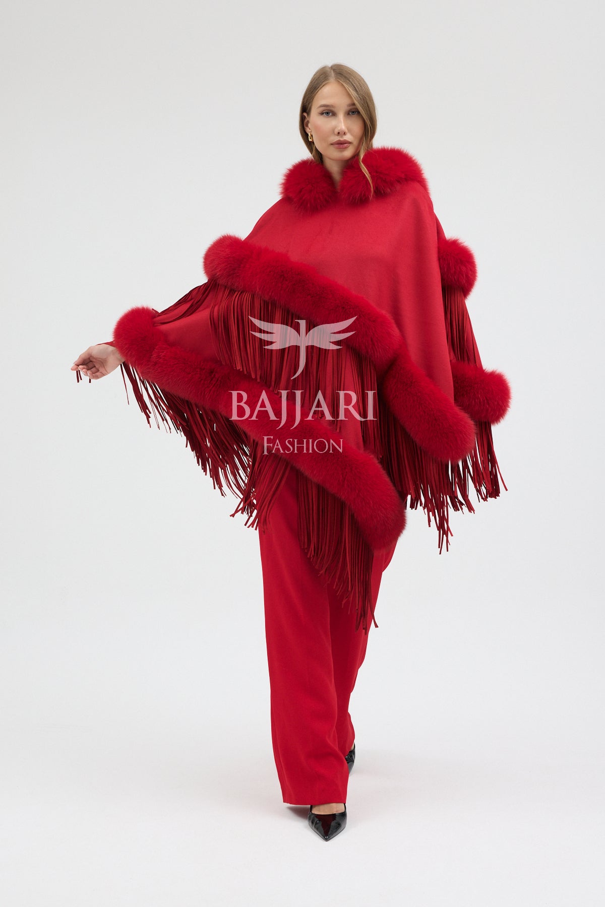 Hooded Cashmere Real Fox Fur Embroidered Tassel Cape Shawl
