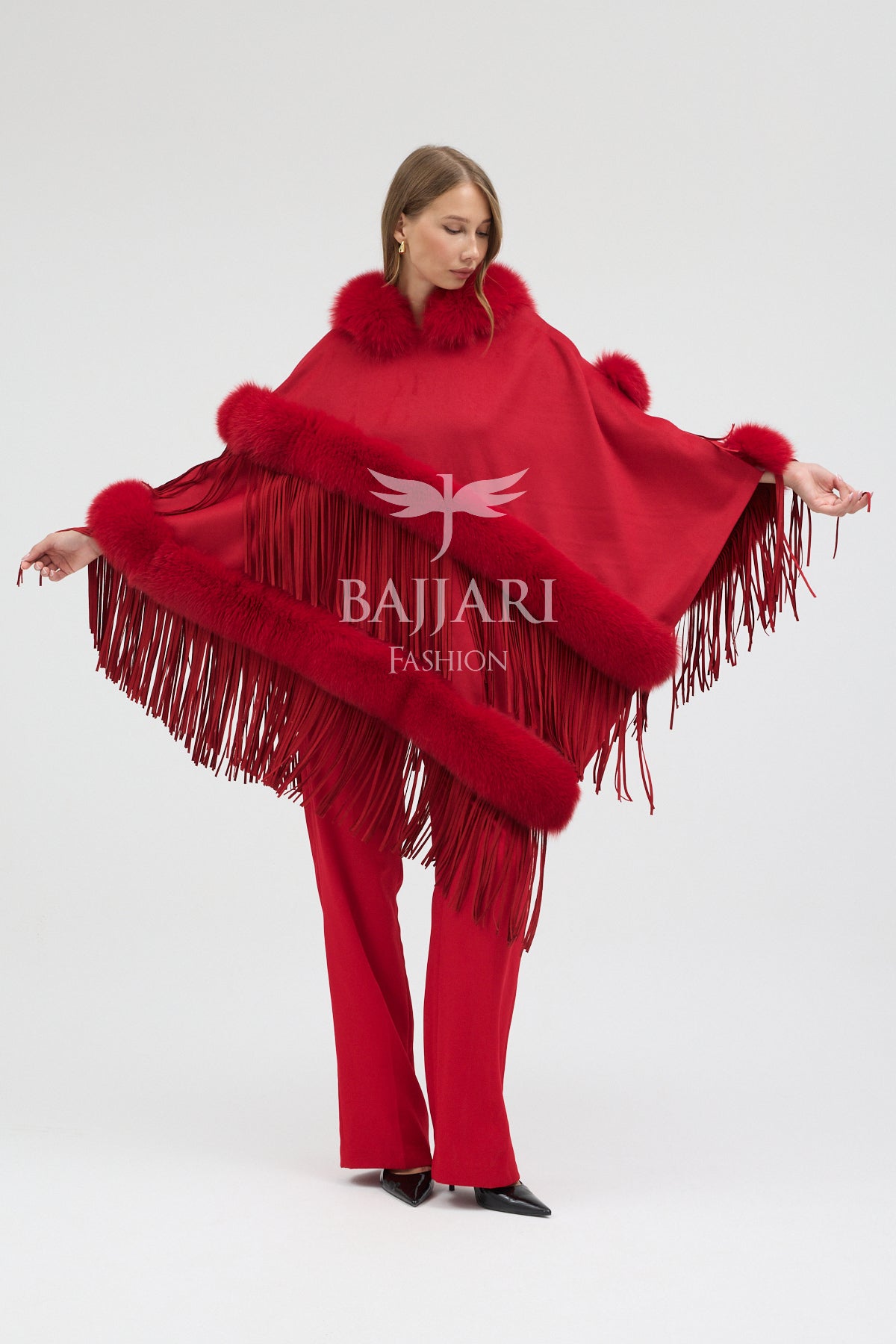 Hooded Cashmere Real Fox Fur Embroidered Tassel Cape Shawl