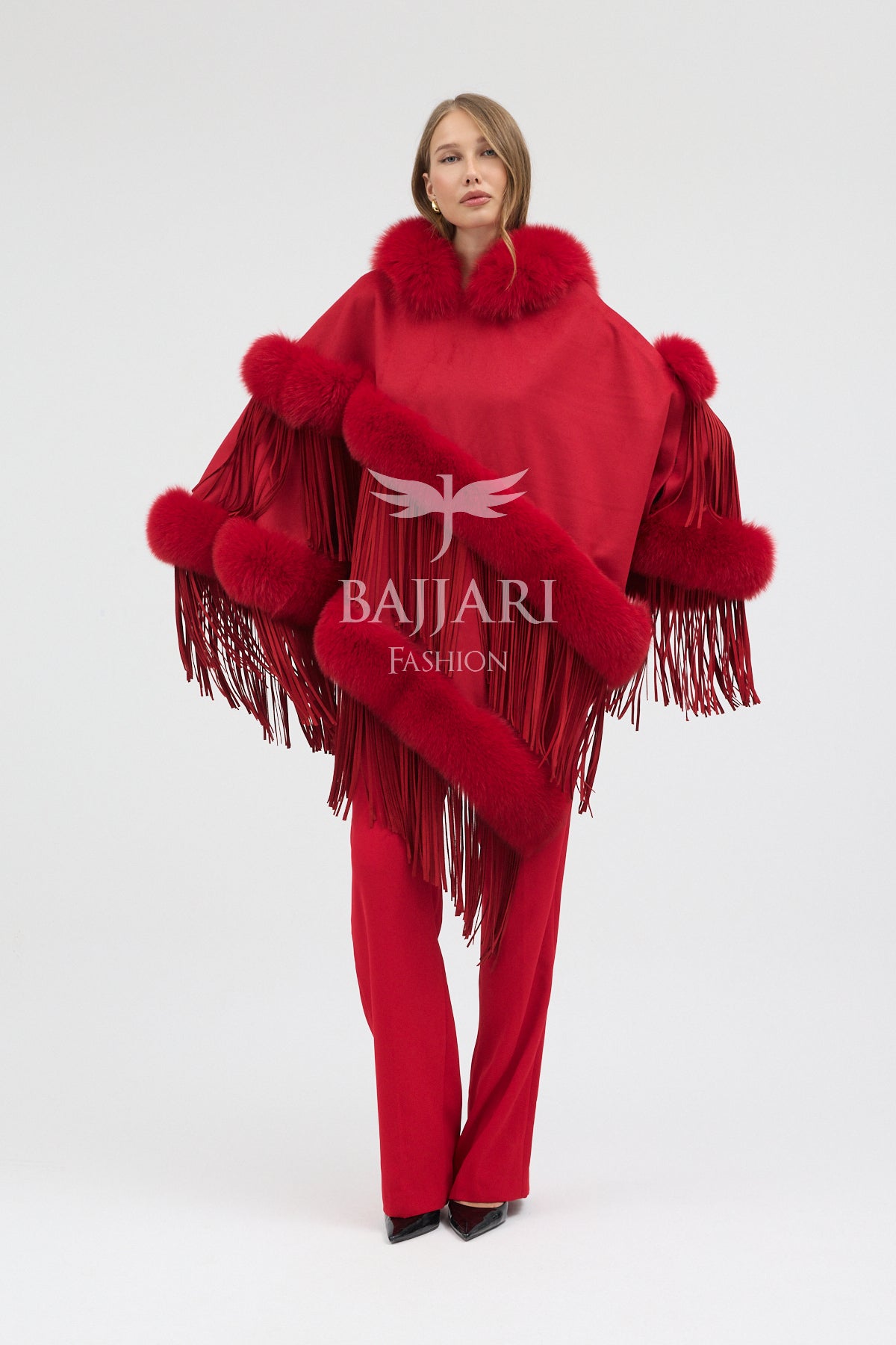 Hooded Cashmere Real Fox Fur Embroidered Tassel Cape Shawl