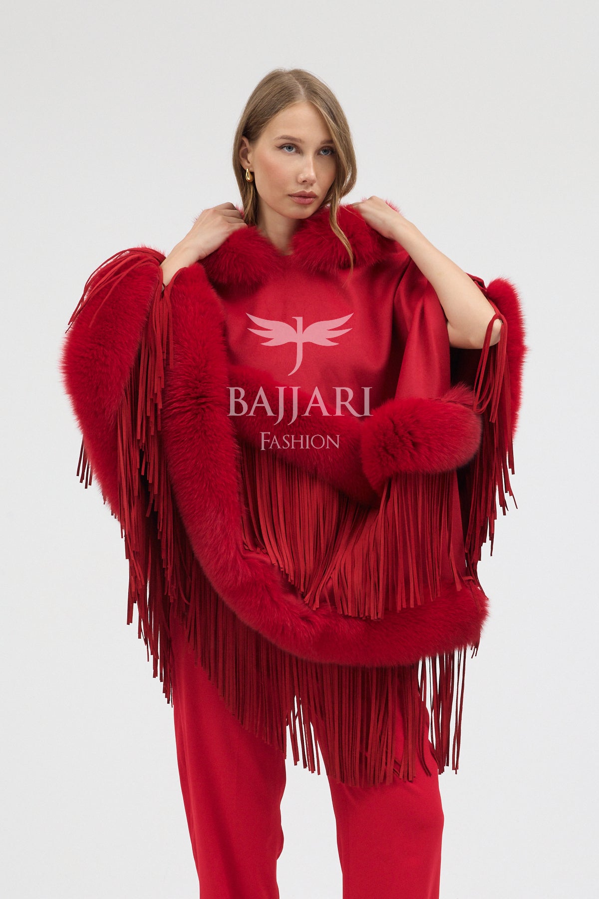 Hooded Cashmere Real Fox Fur Embroidered Tassel Cape Shawl