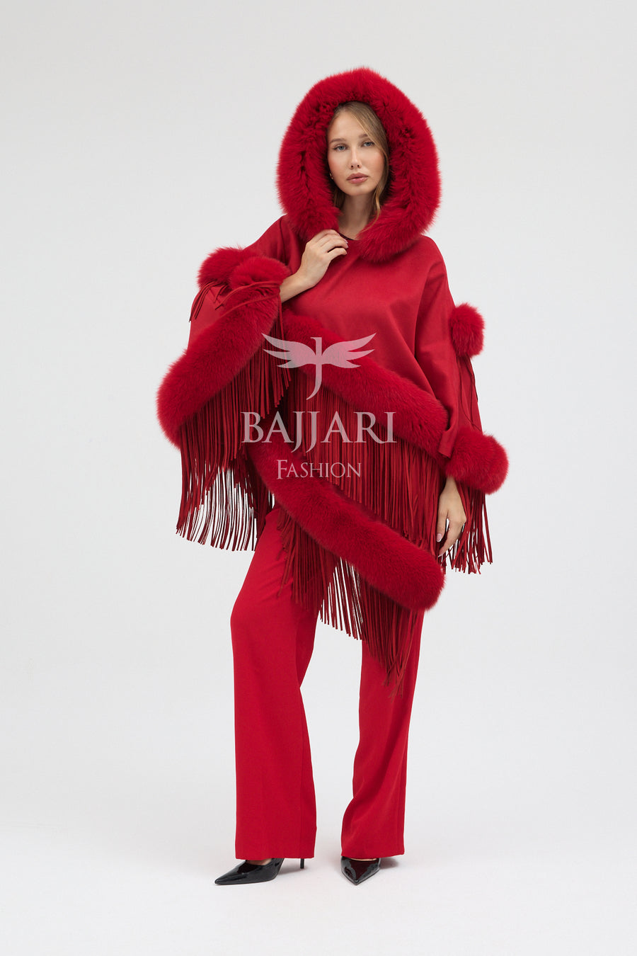 Hooded Cashmere Real Fox Fur Embroidered Tassel Cape Shawl