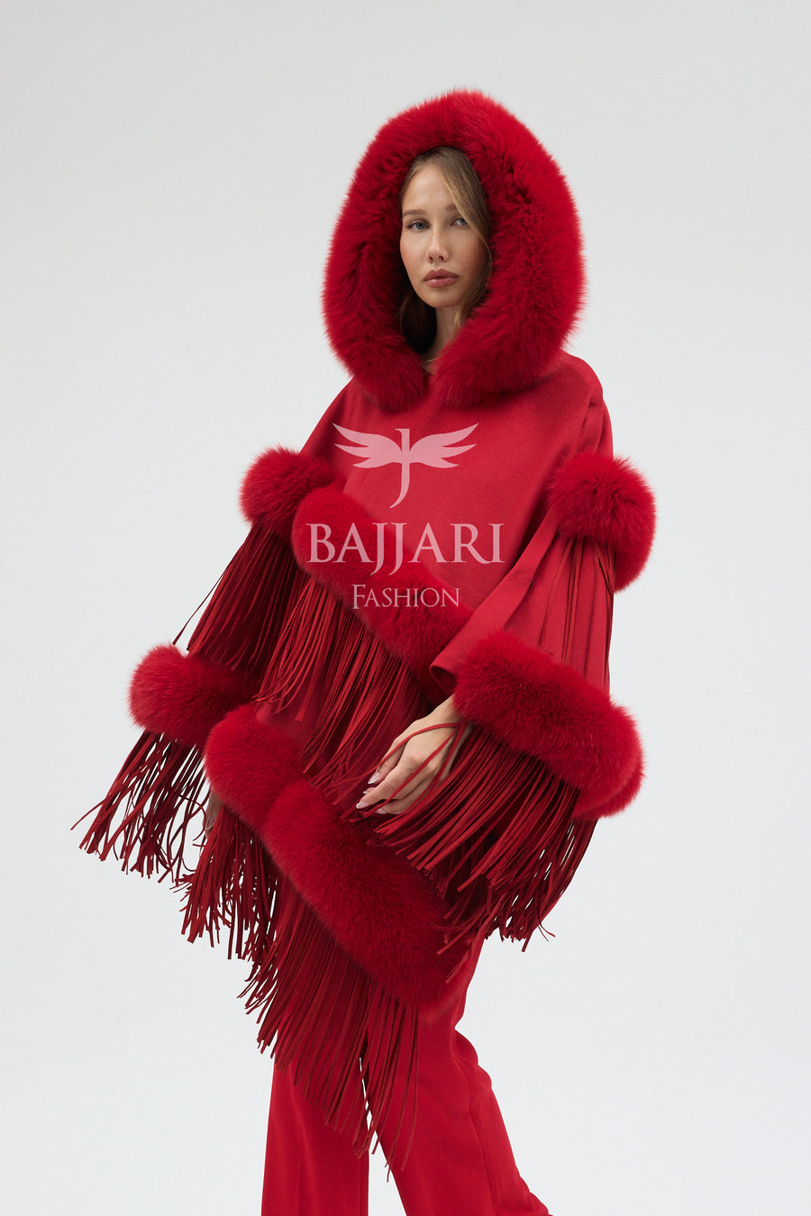 Hooded Cashmere Real Fox Fur Embroidered Tassel Cape Shawl