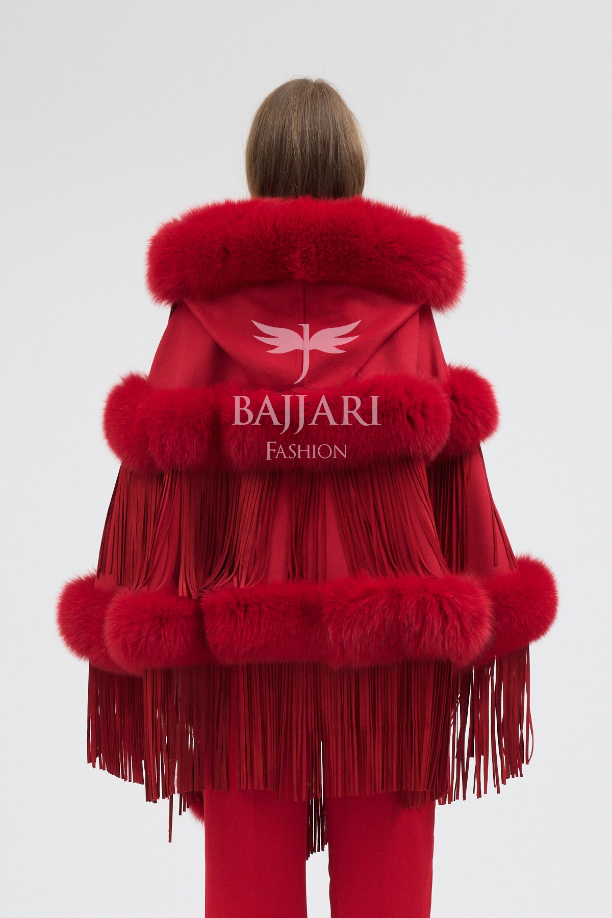 Hooded Cashmere Real Fox Fur Embroidered Tassel Cape Shawl