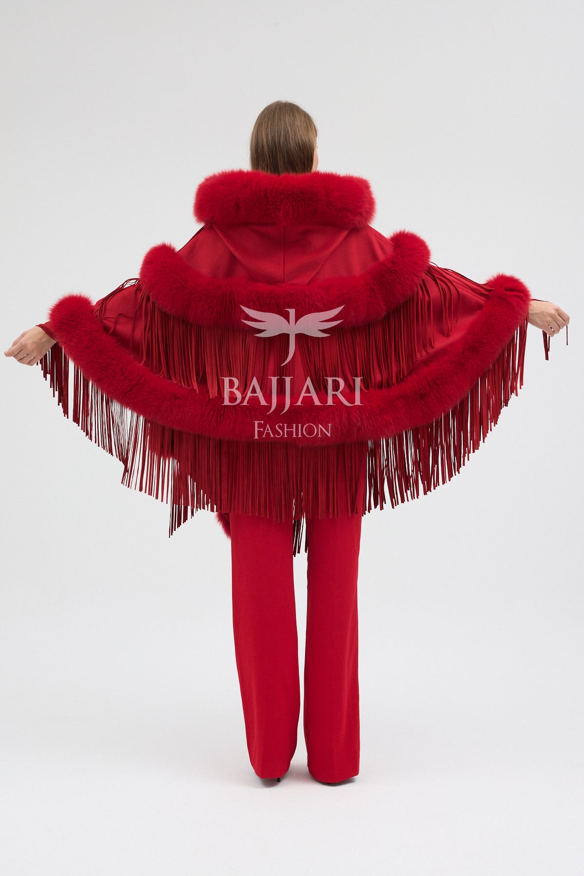 Hooded Cashmere Real Fox Fur Embroidered Tassel Cape Shawl