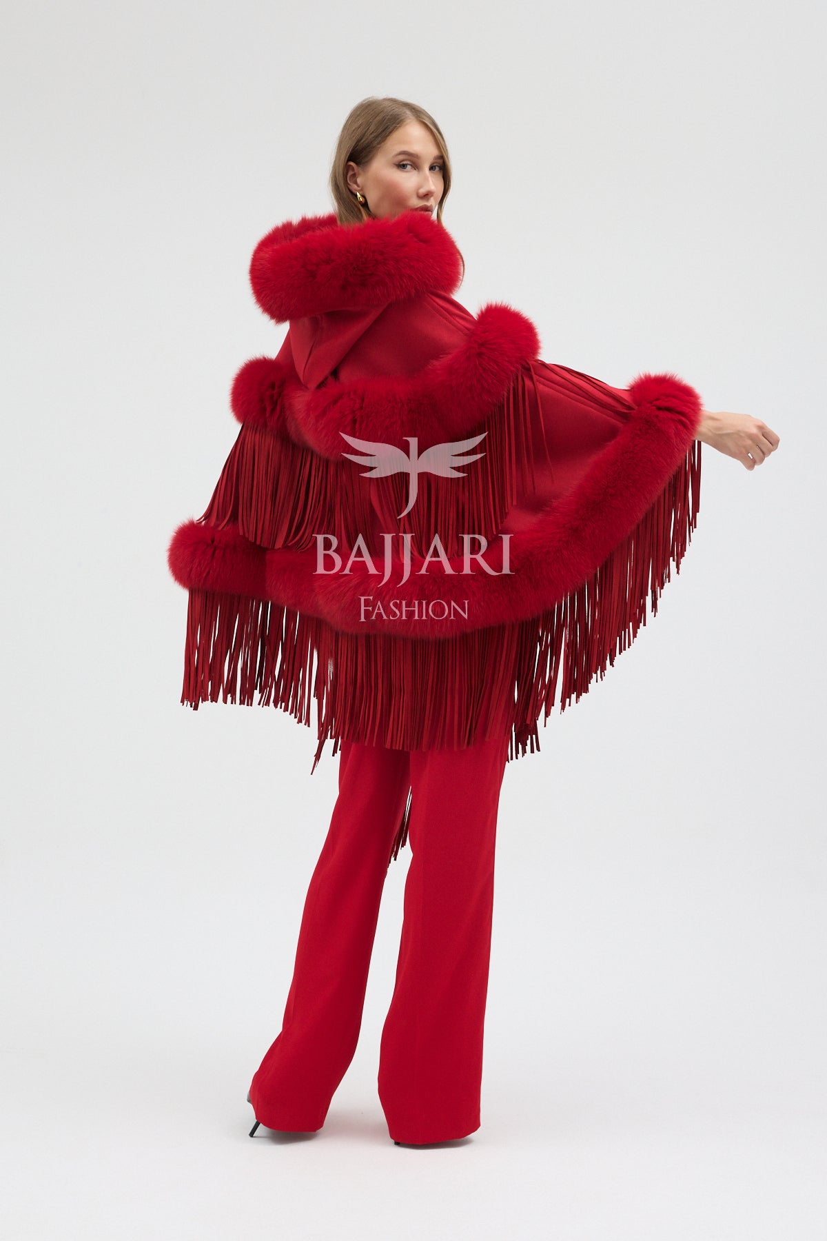 Hooded Cashmere Real Fox Fur Embroidered Tassel Cape Shawl