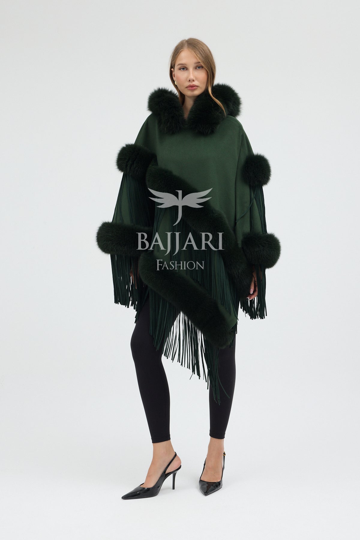Hooded Cashmere Real Fox Fur Embroidered Tassel Cape Shawl