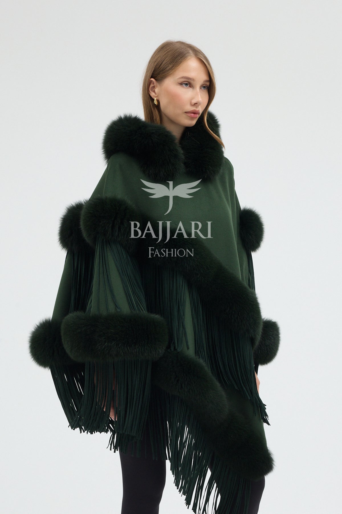 Hooded Cashmere Real Fox Fur Embroidered Tassel Cape Shawl