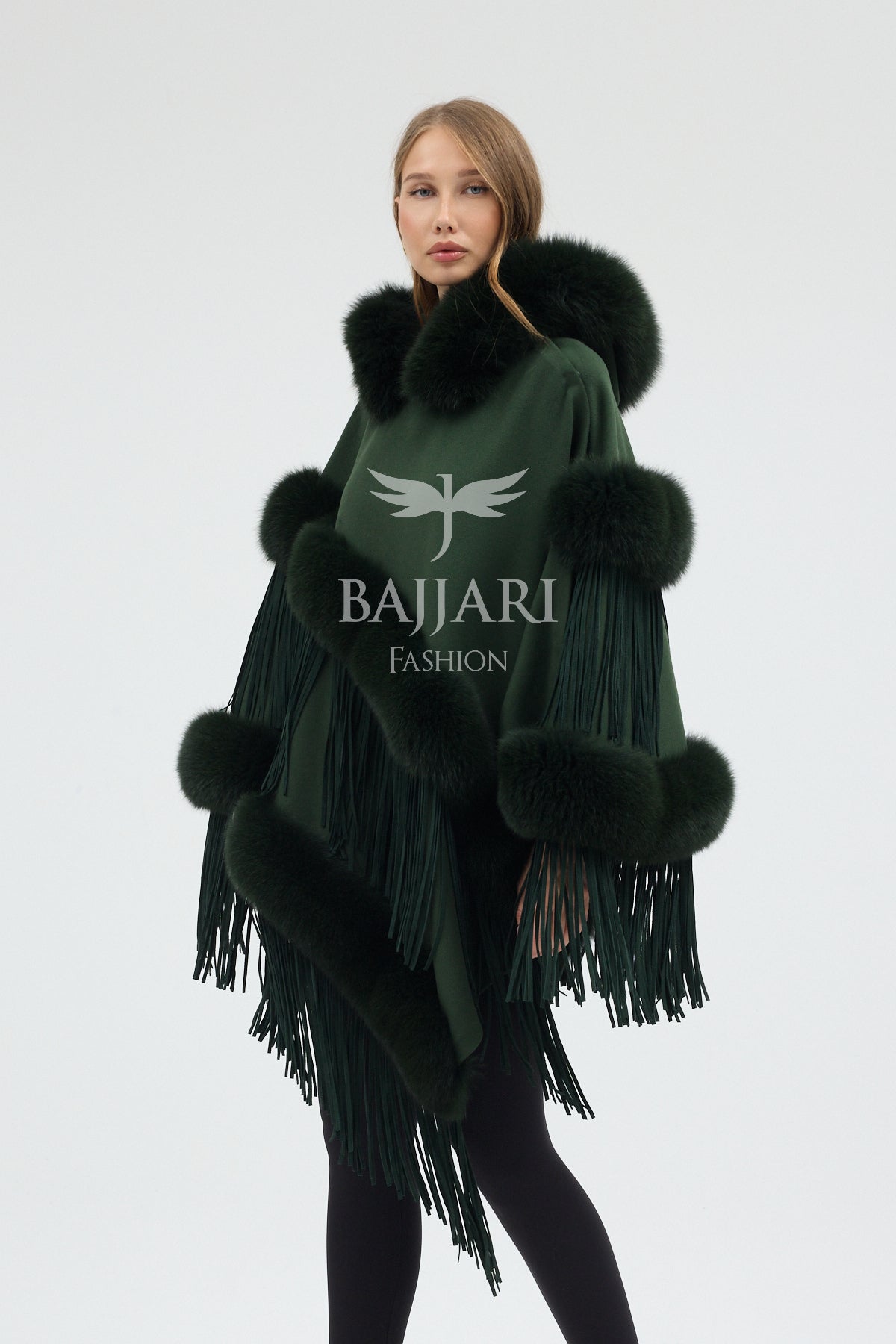 Hooded Cashmere Real Fox Fur Embroidered Tassel Cape Shawl