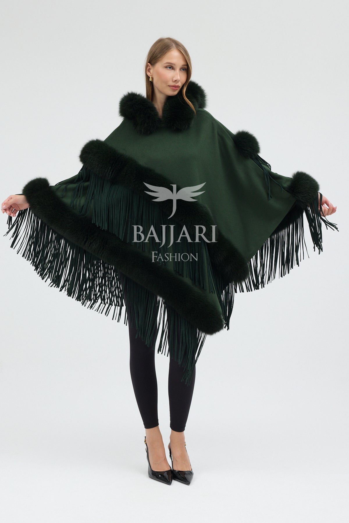 Hooded Cashmere Real Fox Fur Embroidered Tassel Cape Shawl
