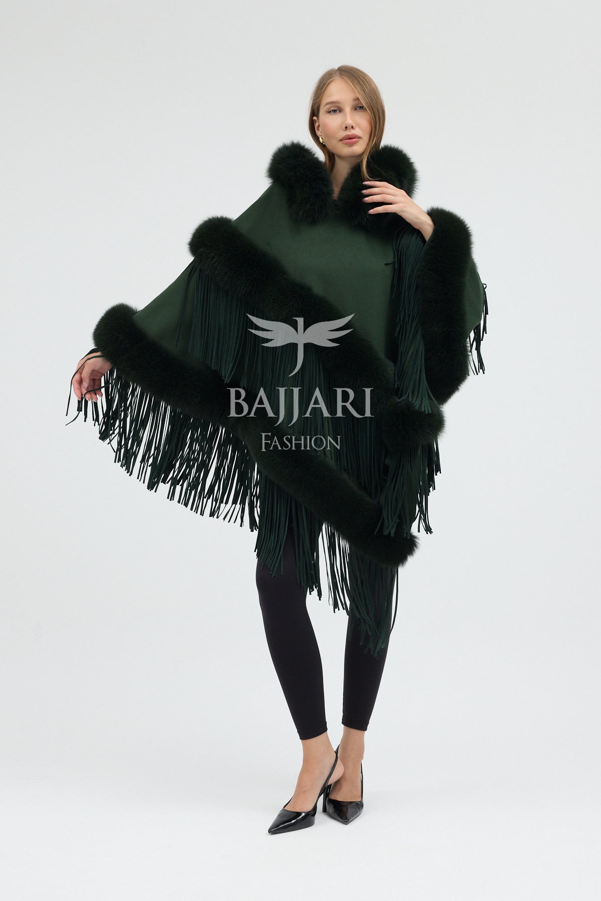 Hooded Cashmere Real Fox Fur Embroidered Tassel Cape Shawl
