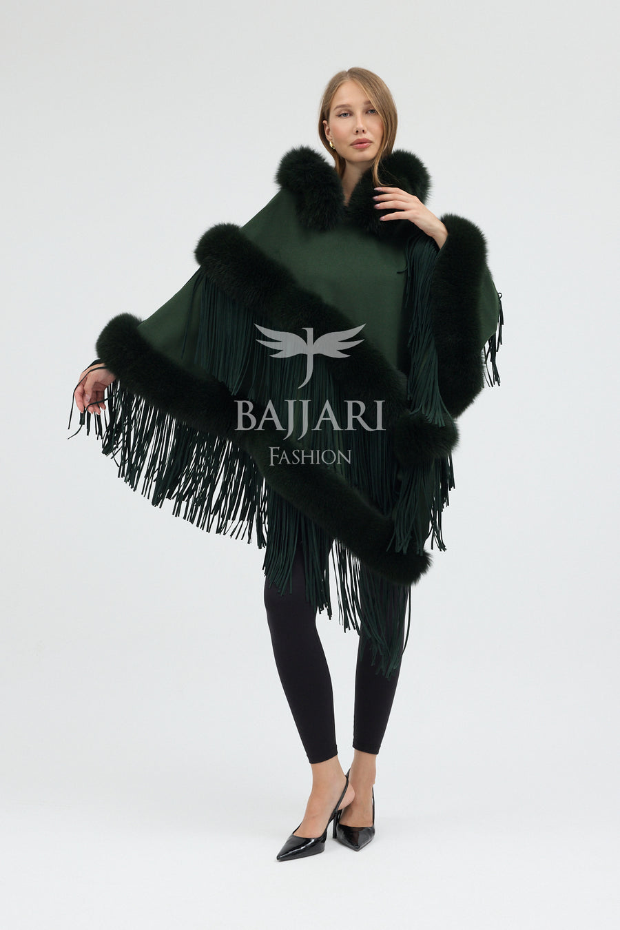 Hooded Cashmere Real Fox Fur Embroidered Tassel Cape Shawl