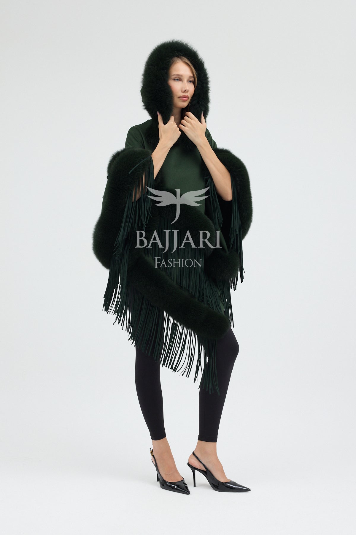 Hooded Cashmere Real Fox Fur Embroidered Tassel Cape Shawl