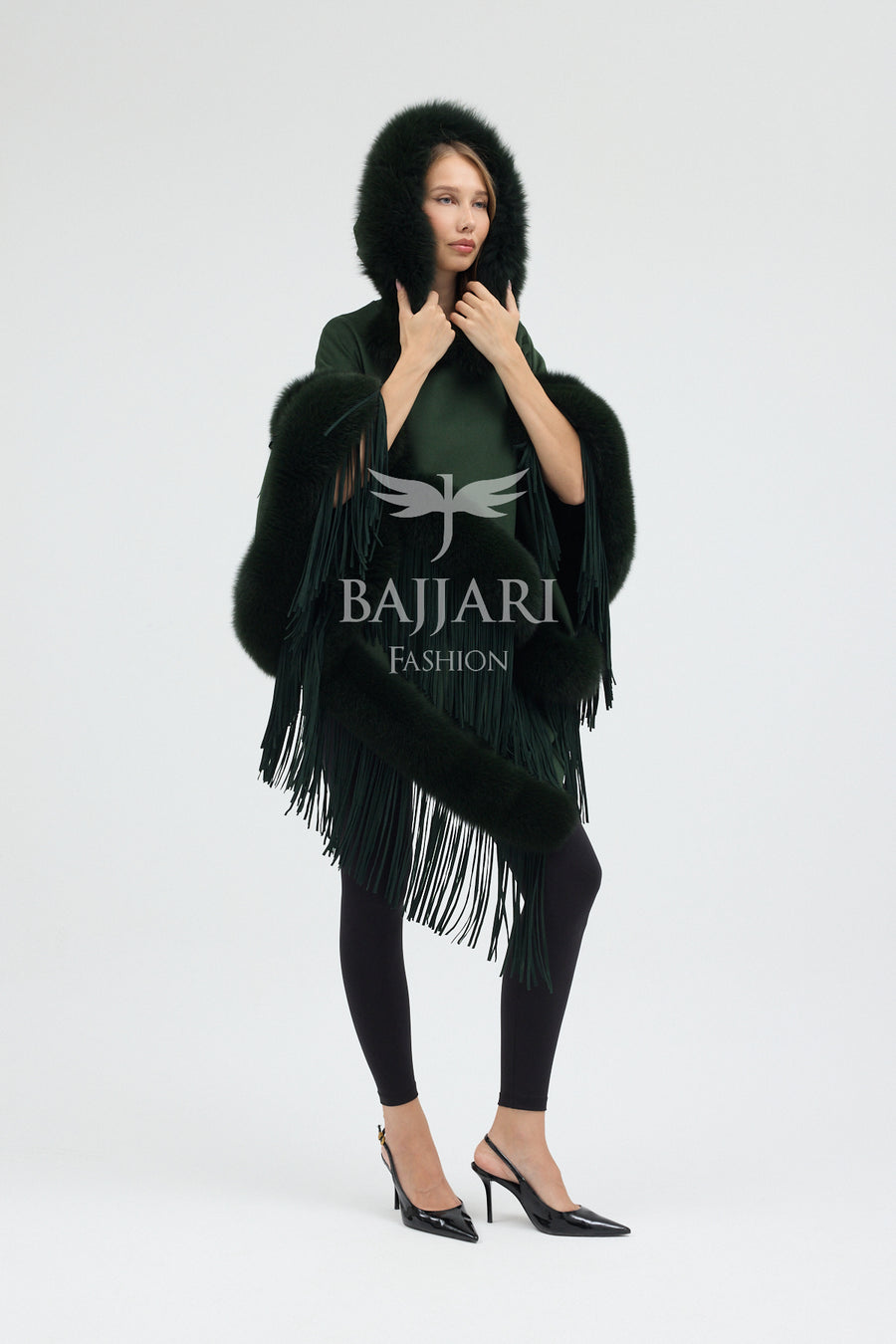 Hooded Cashmere Real Fox Fur Embroidered Tassel Cape Shawl