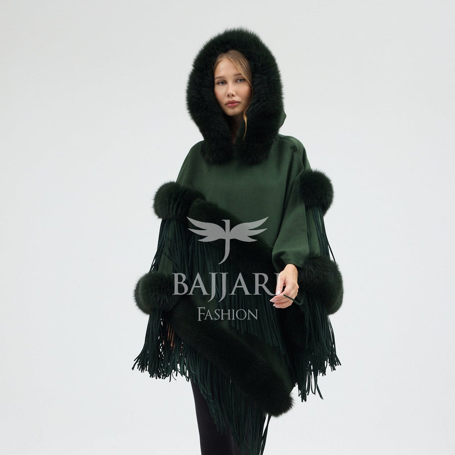 Hooded Cashmere Real Fox Fur Embroidered Tassel Cape Shawl