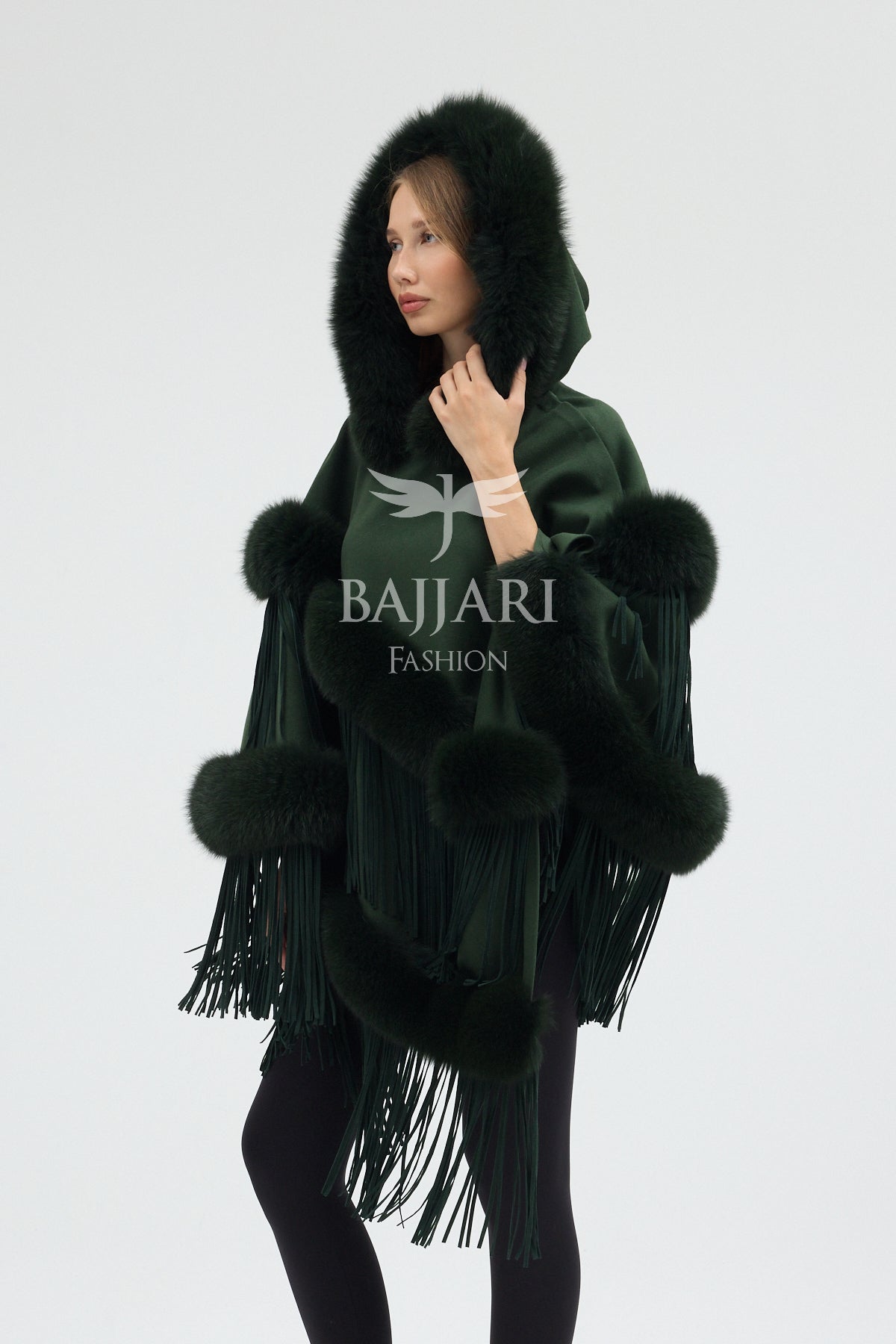 Hooded Cashmere Real Fox Fur Embroidered Tassel Cape Shawl