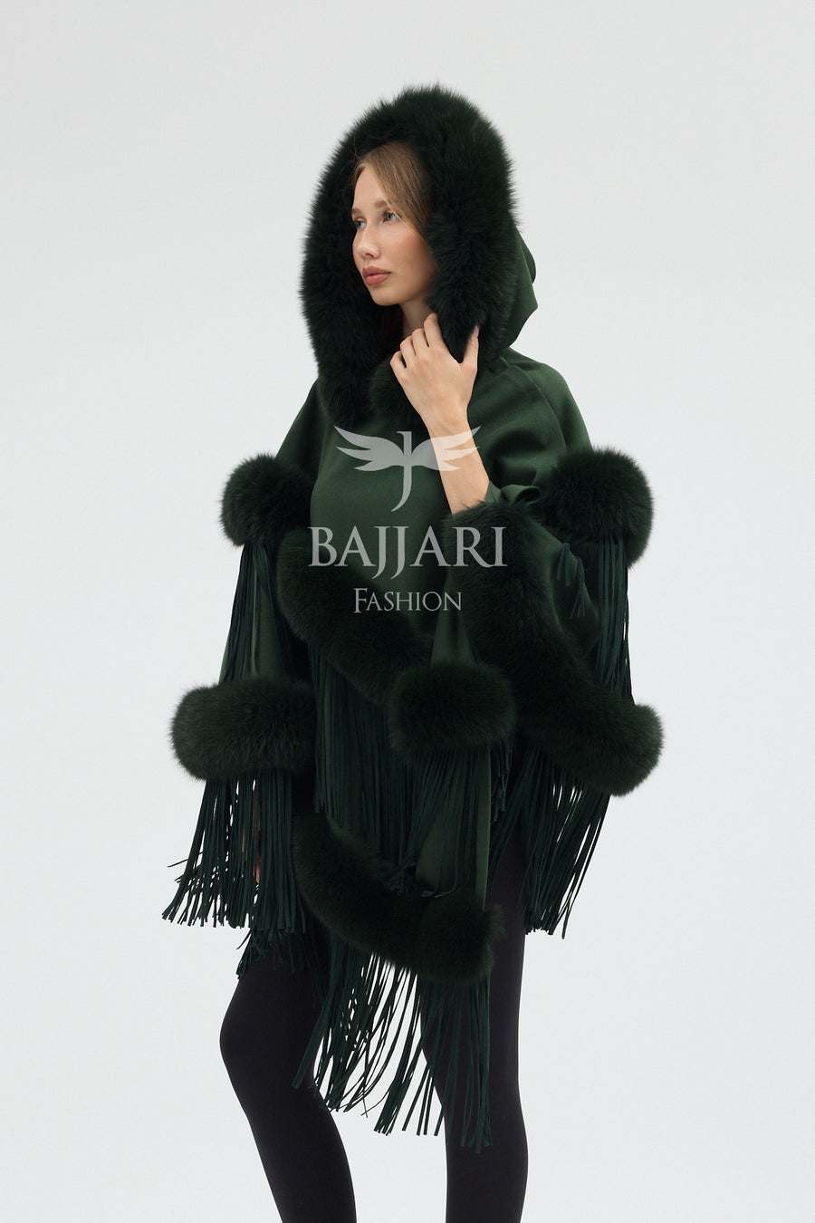 Hooded Cashmere Real Fox Fur Embroidered Tassel Cape Shawl
