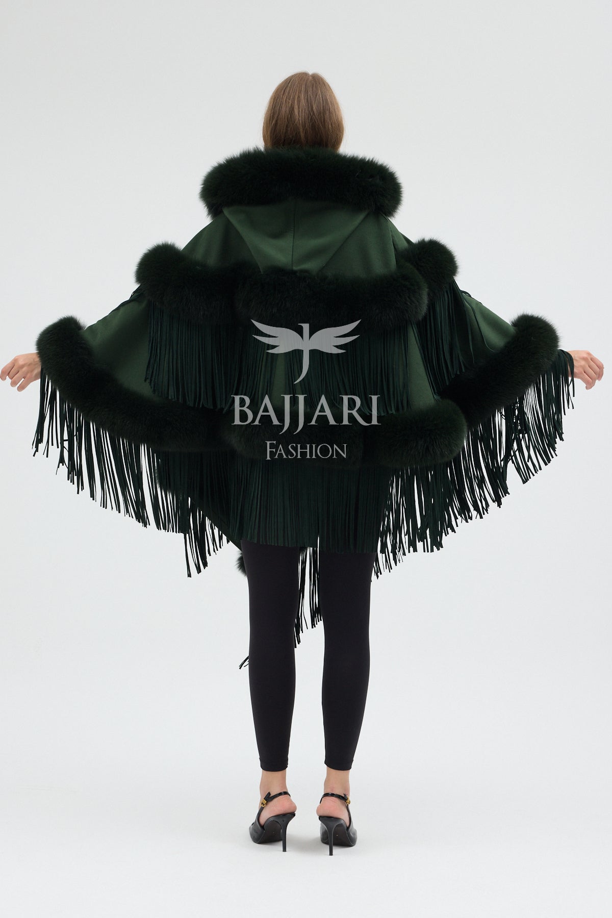 Hooded Cashmere Real Fox Fur Embroidered Tassel Cape Shawl