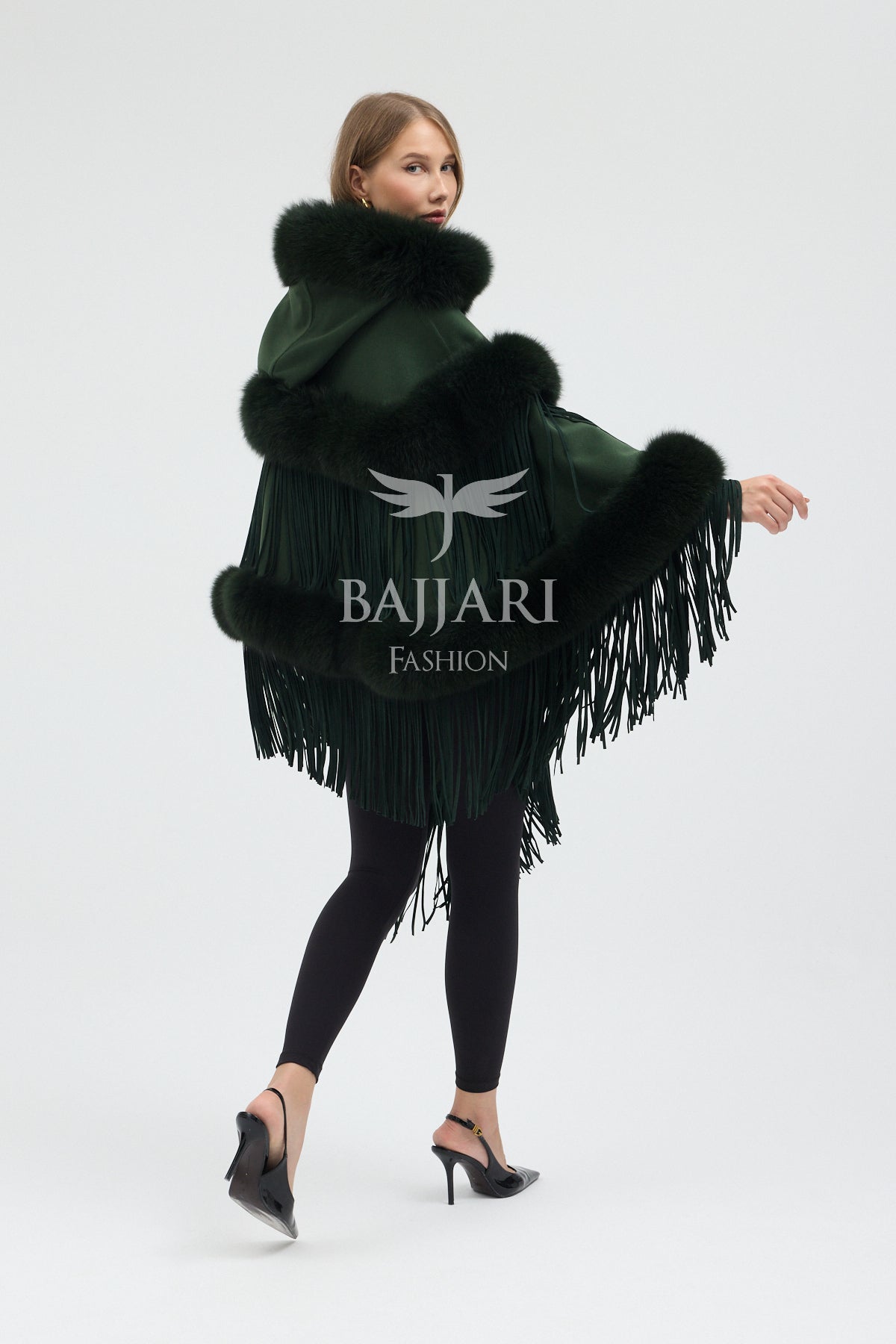 Hooded Cashmere Real Fox Fur Embroidered Tassel Cape Shawl