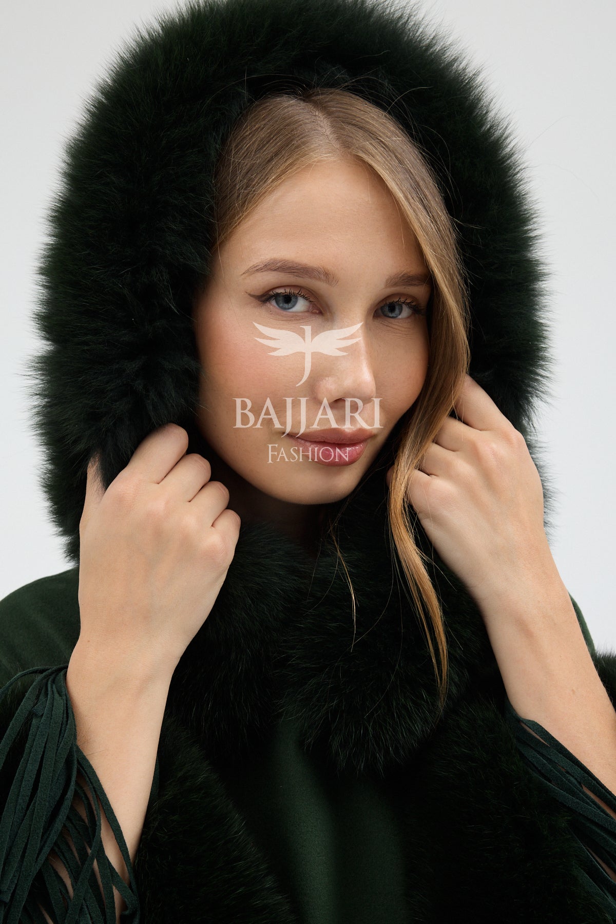 Hooded Cashmere Real Fox Fur Embroidered Tassel Cape Shawl