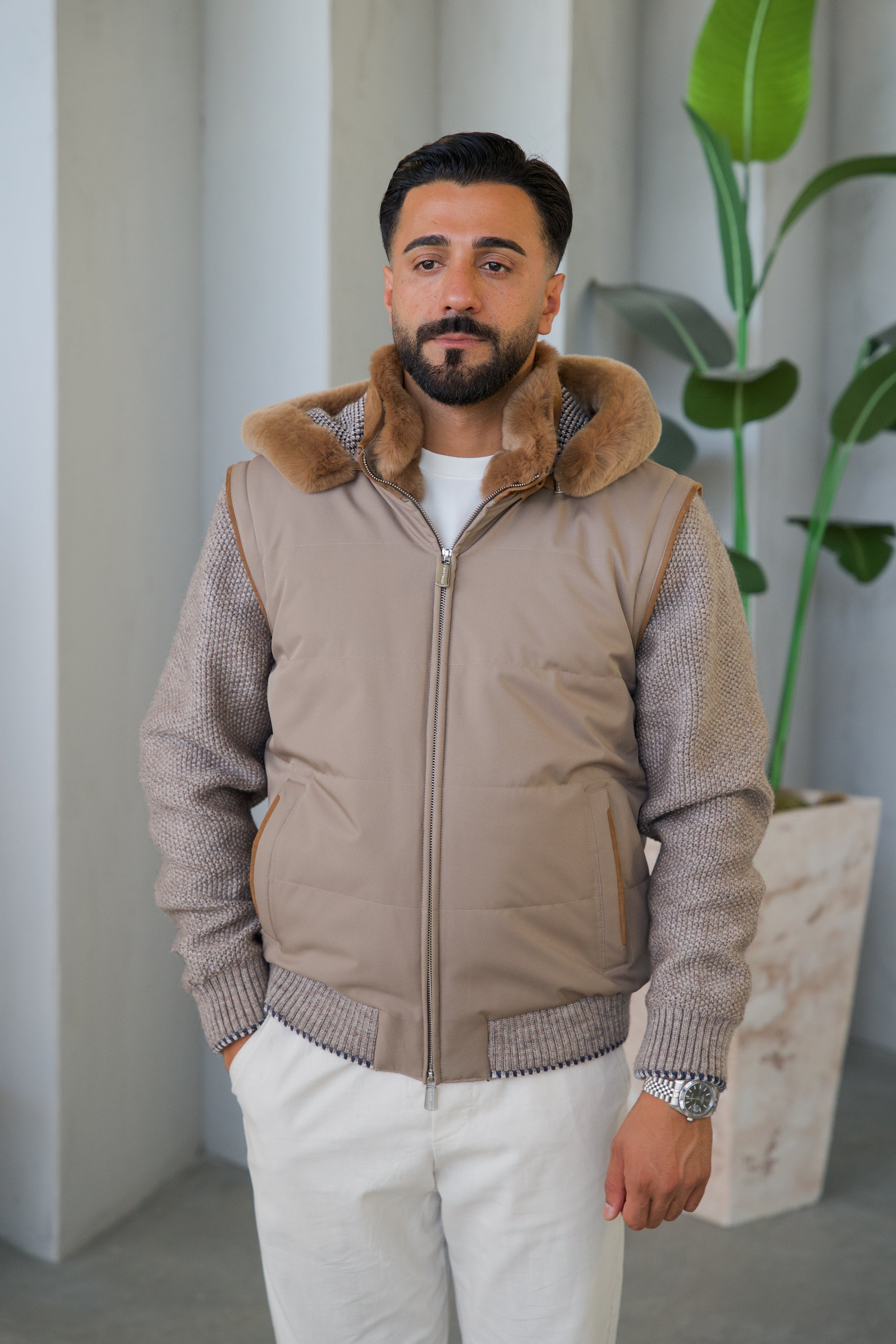 Men's Waterproof Fabric Hooded Jacket with Fur Lining, Knitted Sleeves