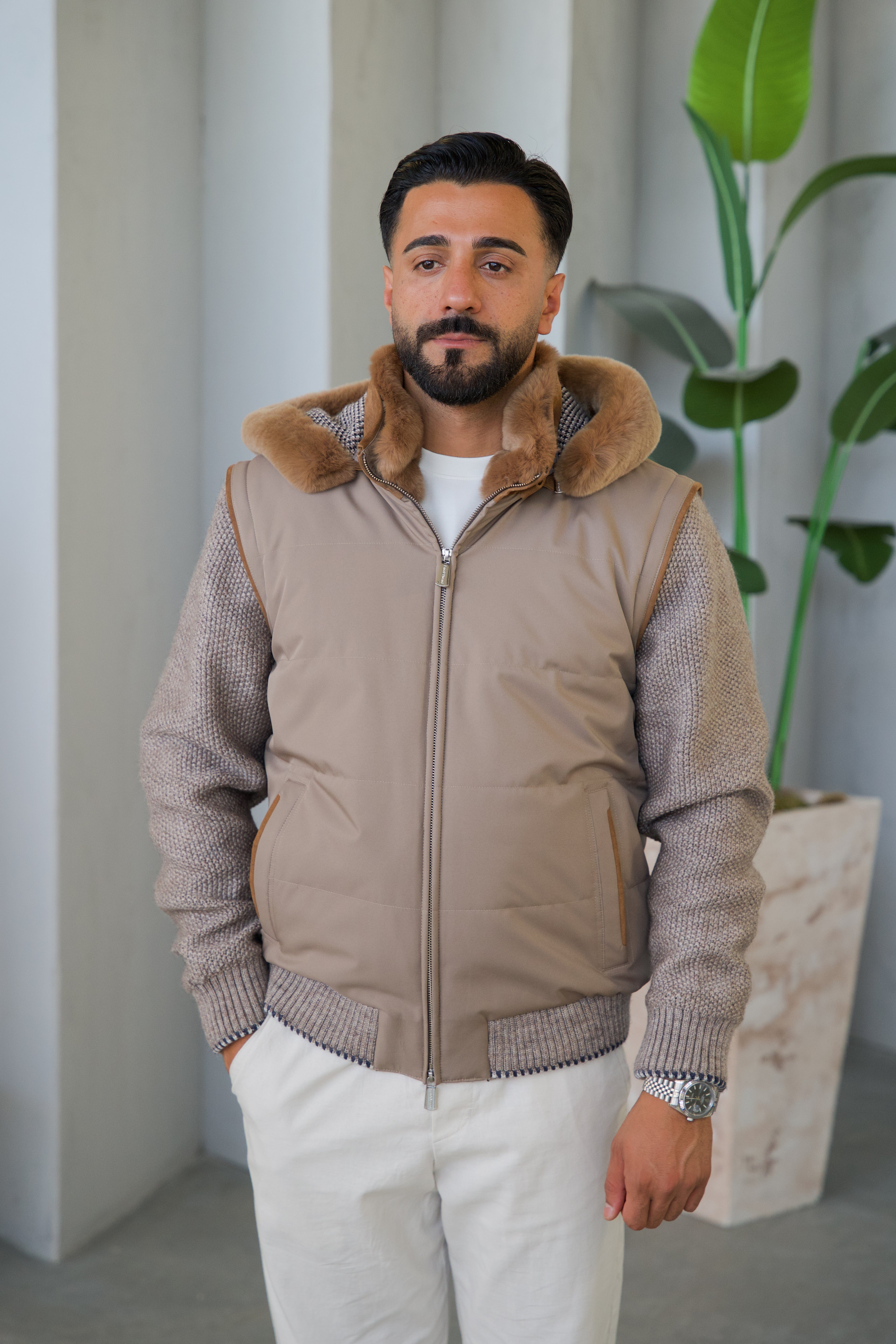 Men's Waterproof Fabric Hooded Jacket with Fur Lining, Knitted Sleeves