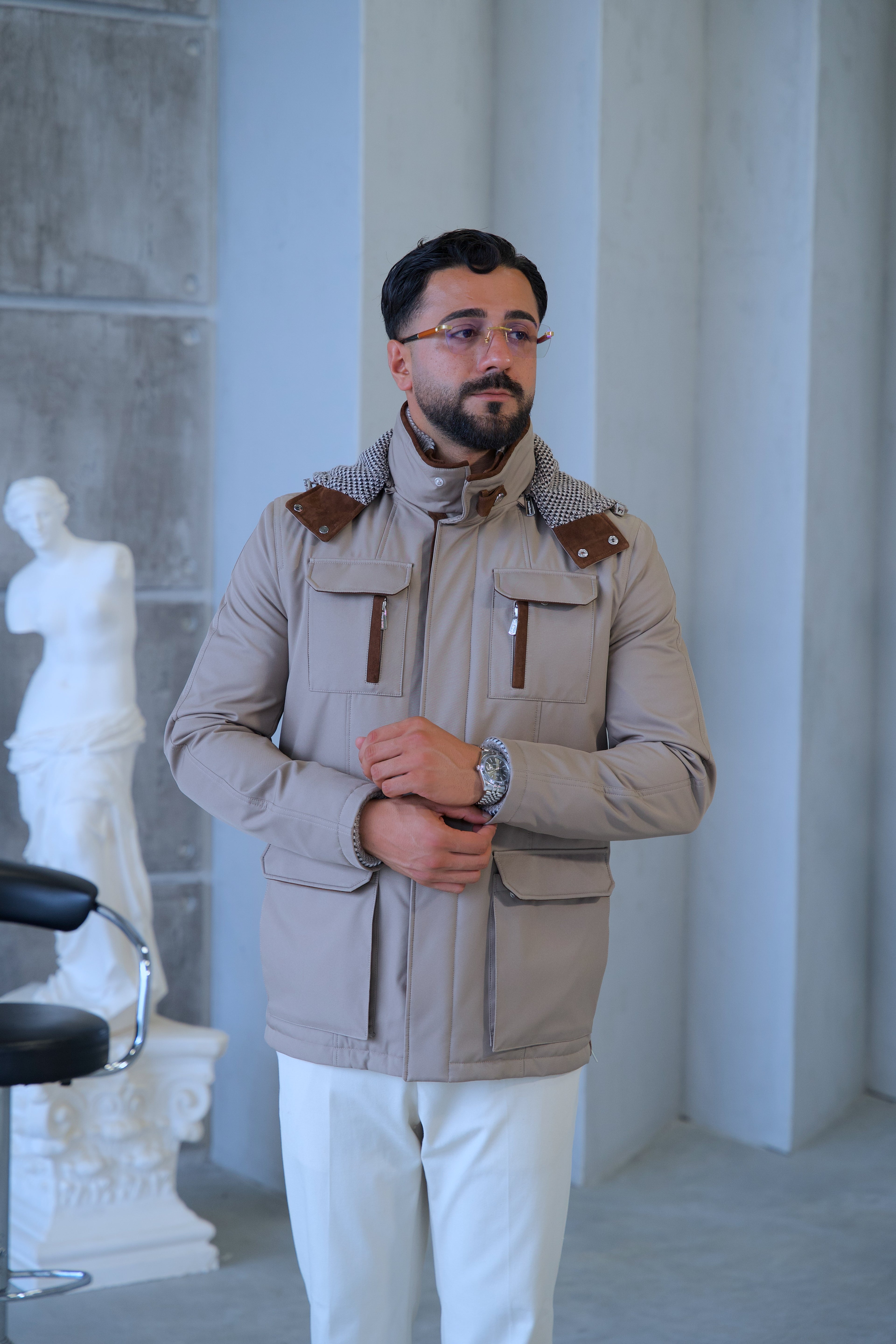 Men's Waterproof Hooded Jacket with Rabbit Fur Trim