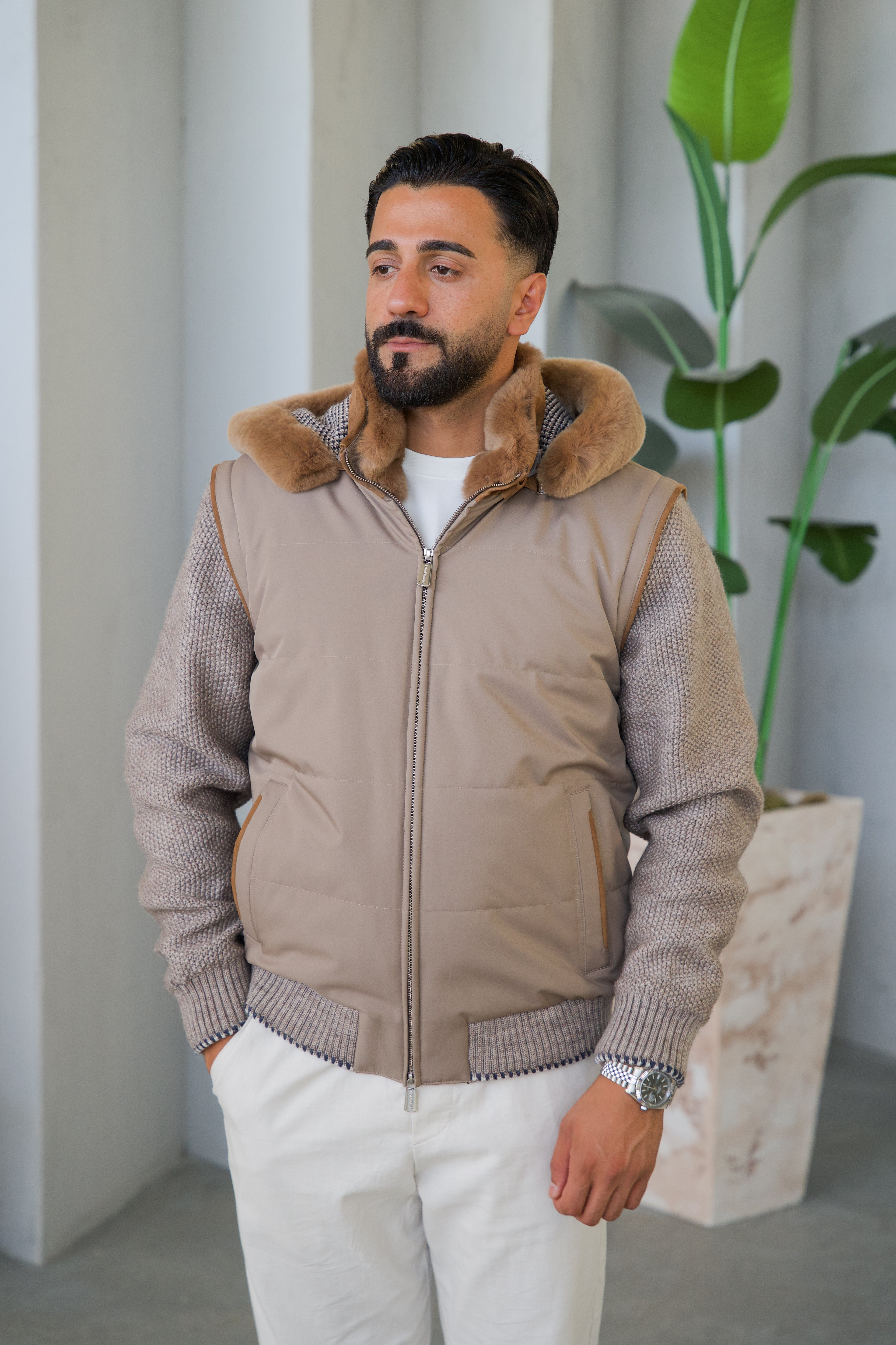 Men's Waterproof Fabric Hooded Jacket with Fur Lining, Knitted Sleeves