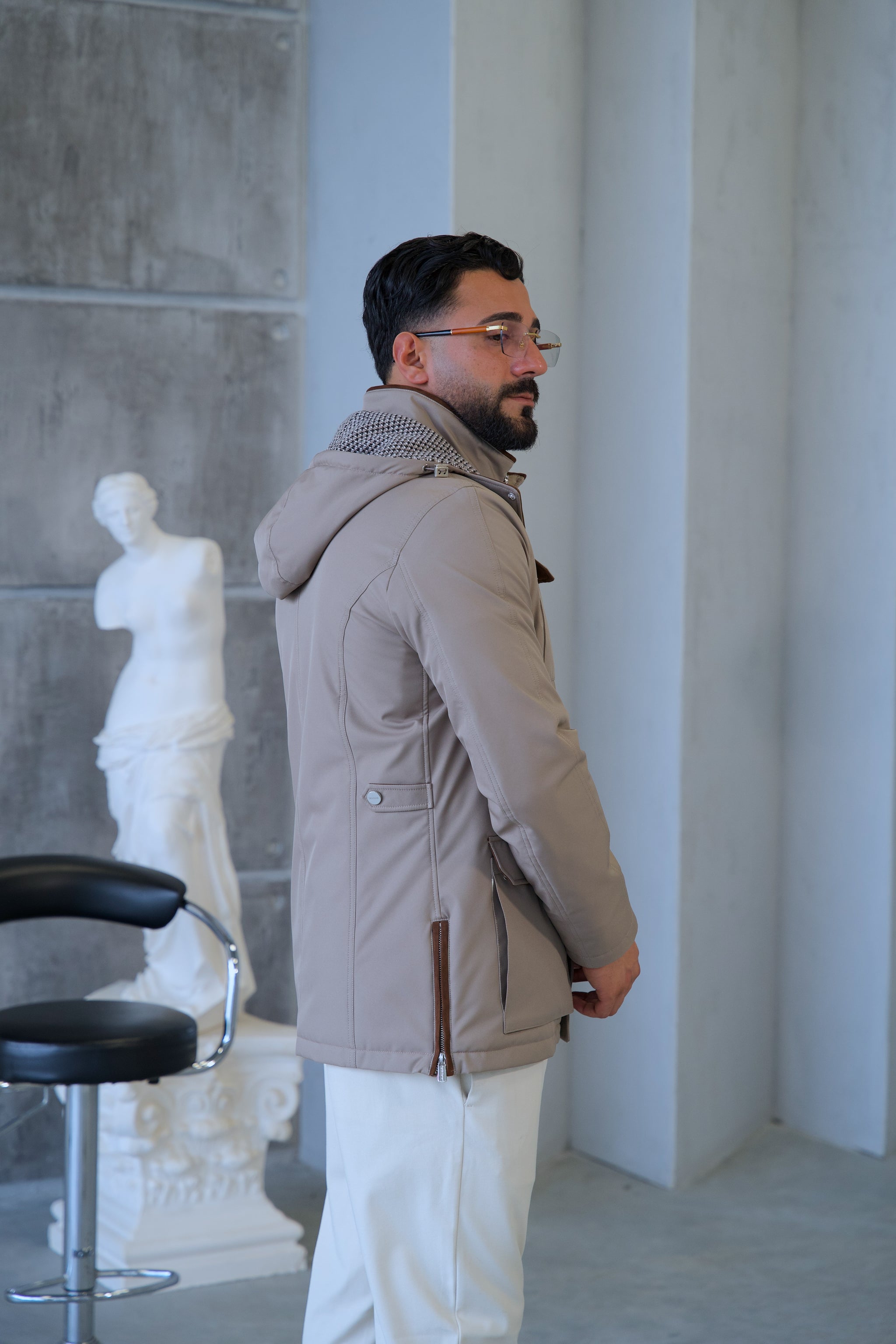 Men's Waterproof Hooded Jacket with Rabbit Fur Trim