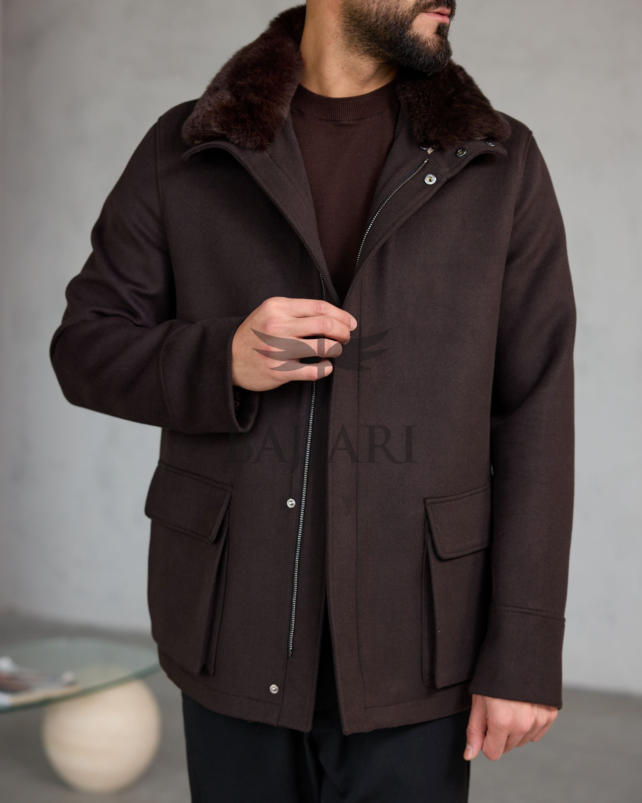 Men's Cashmere Jacket with Removable Lining and Collar, Featuring Rabbit Rex Fur Detail