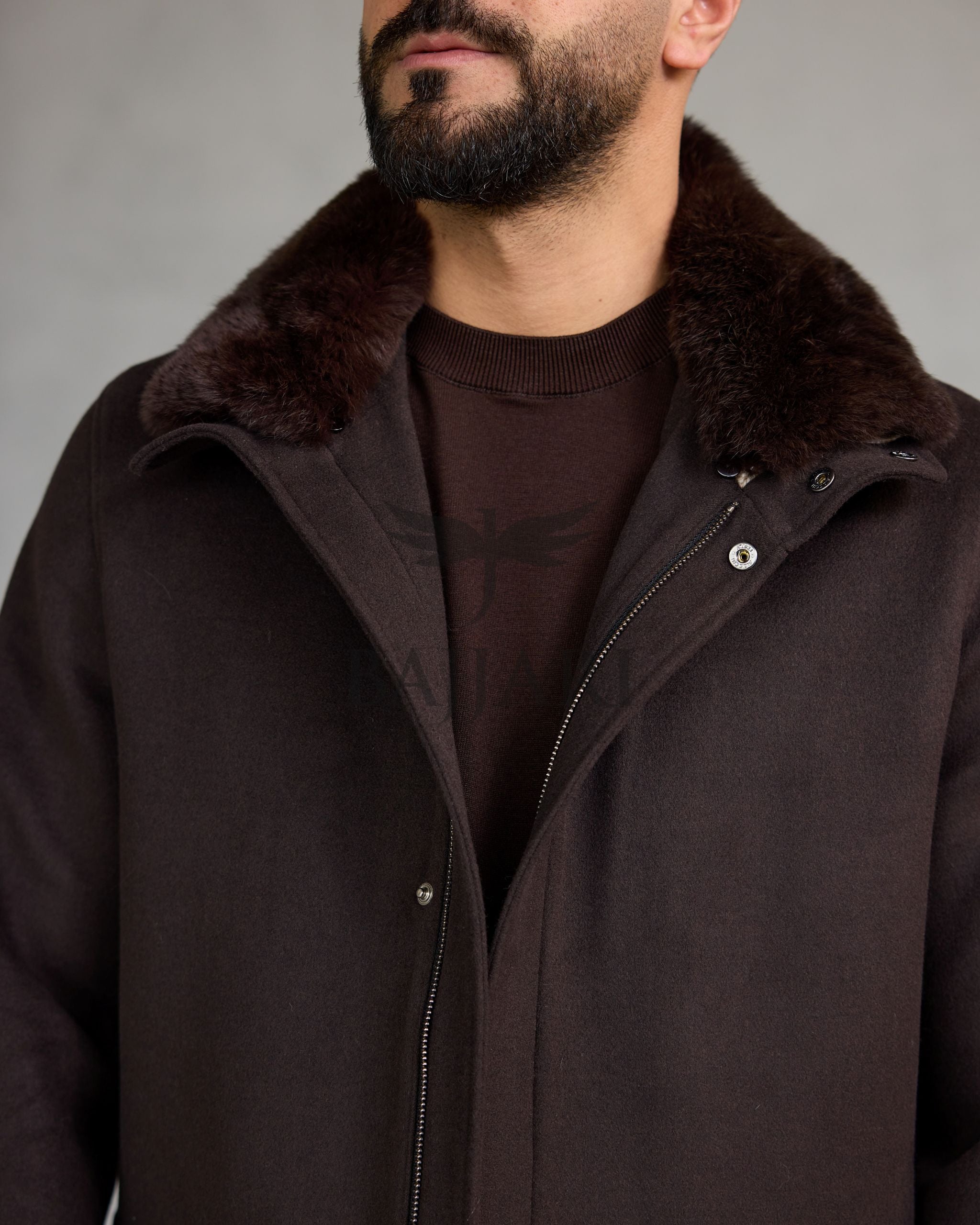 Men's Cashmere Jacket with Removable Lining and Collar, Featuring Rabbit Rex Fur Detail