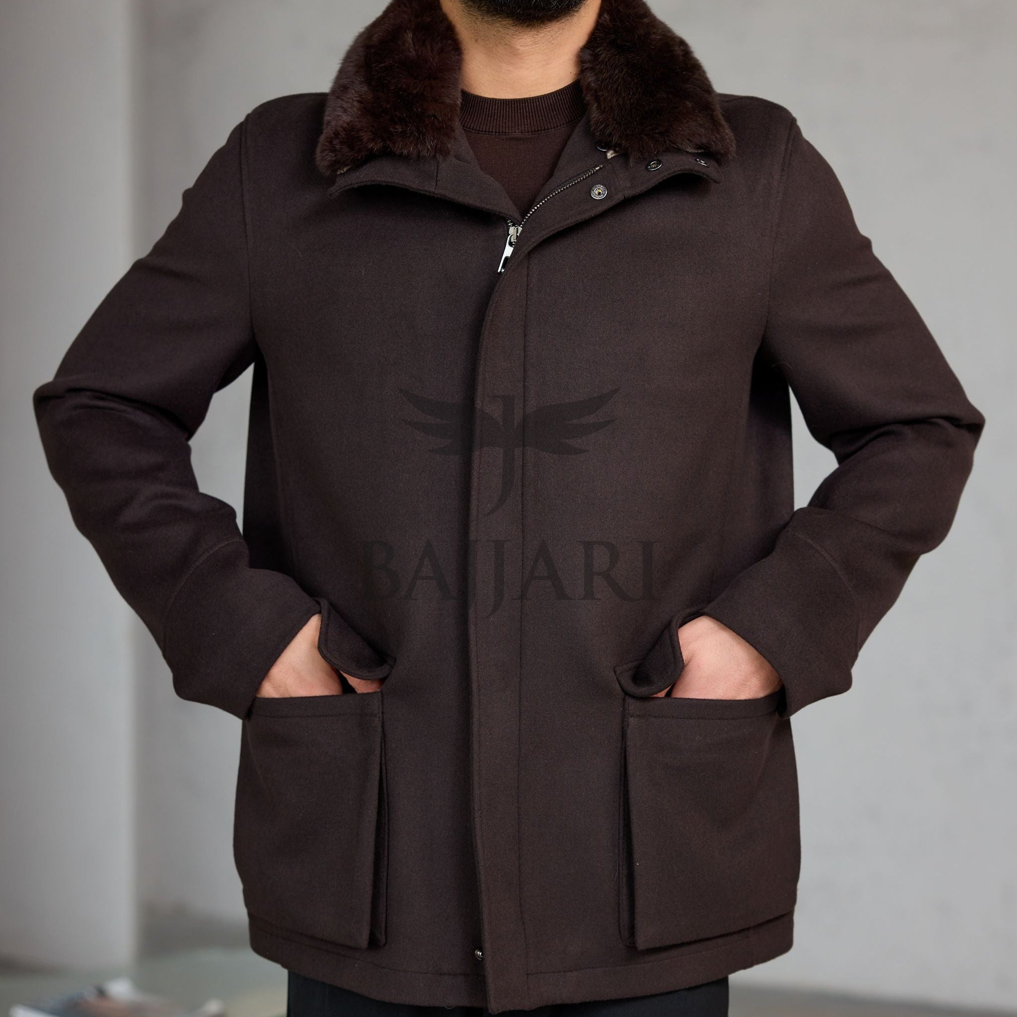 Men's Cashmere Jacket with Removable Lining and Collar, Featuring Rabbit Rex Fur Detail