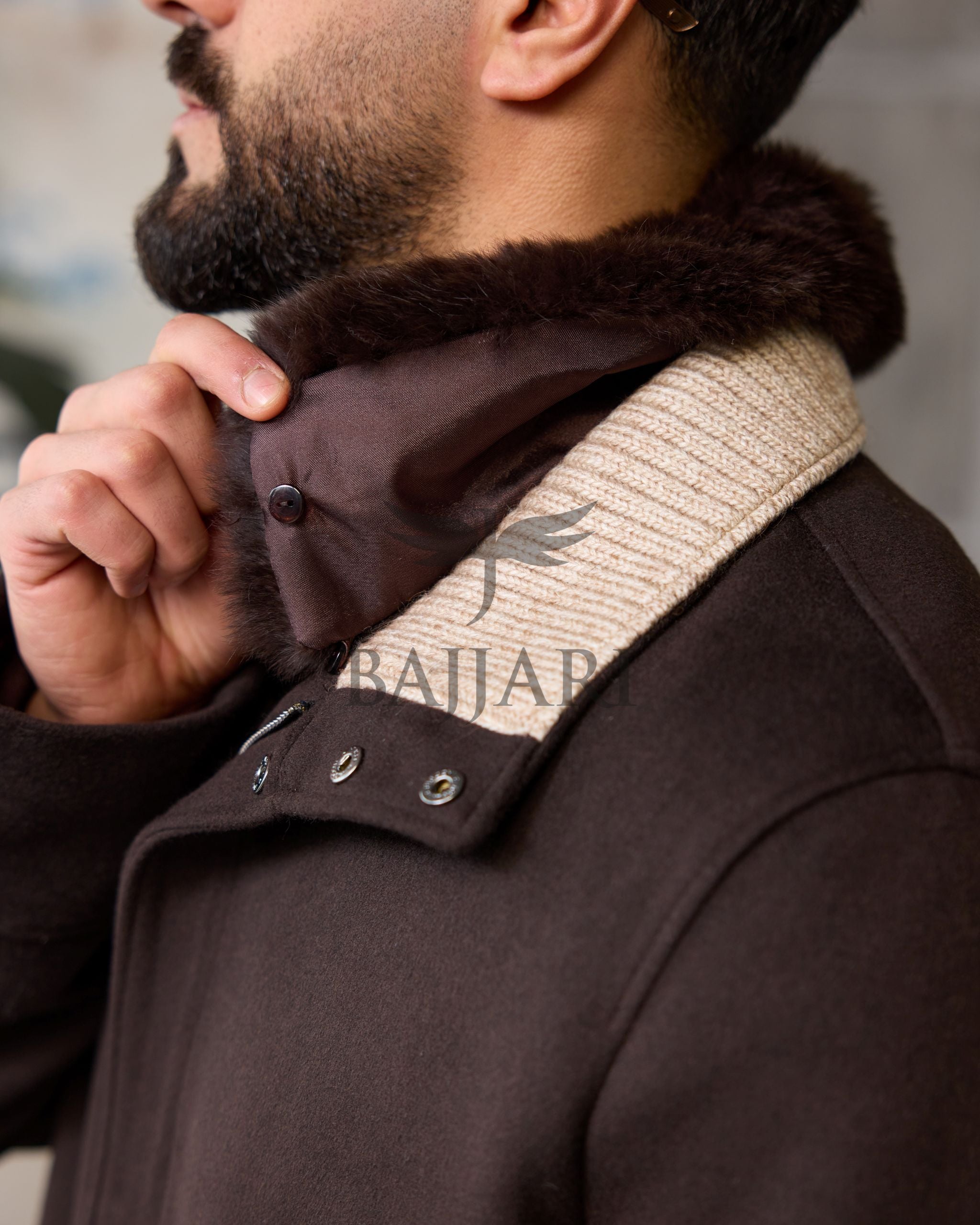 Men's Cashmere Jacket with Removable Lining and Collar, Featuring Rabbit Rex Fur Detail