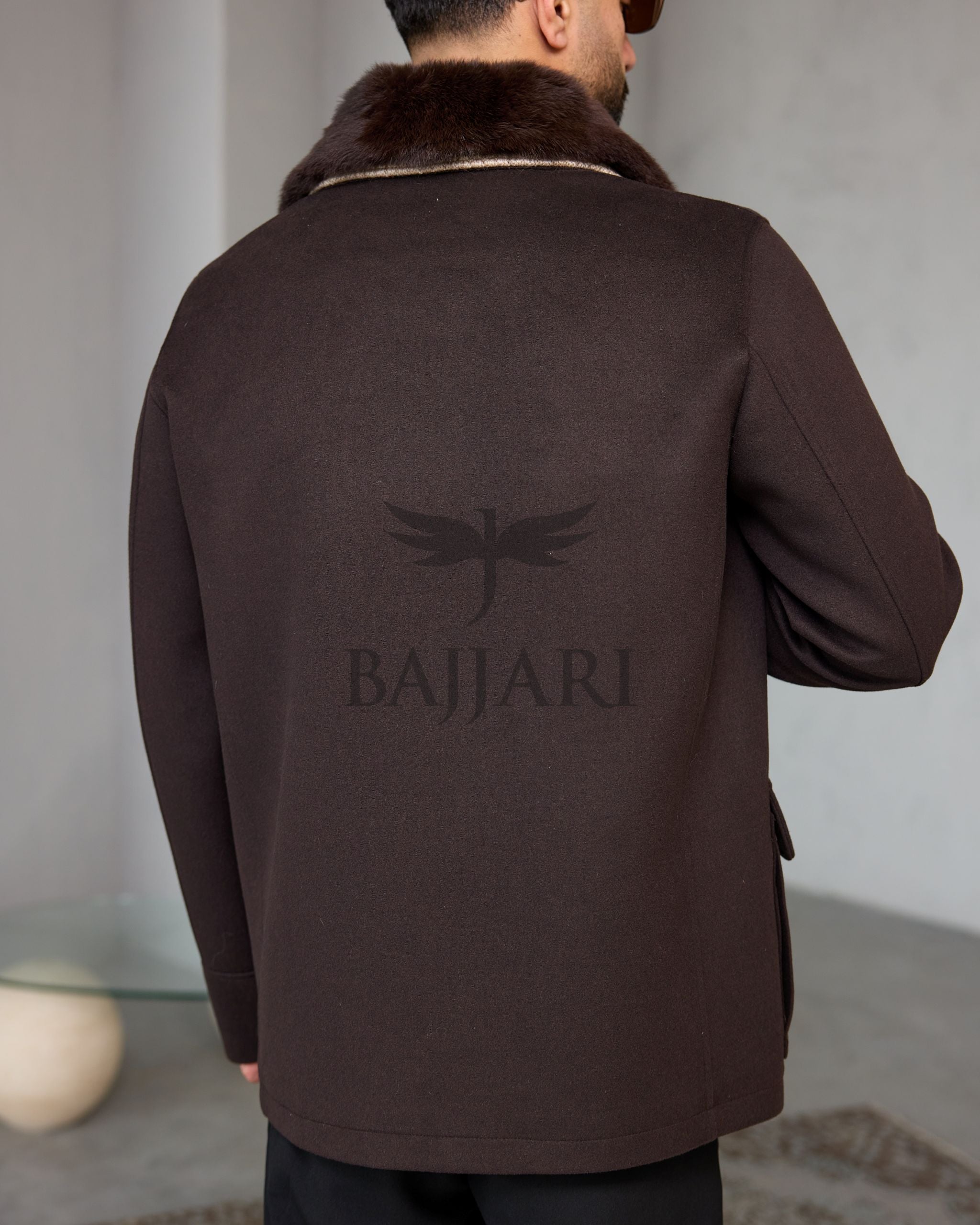 Men's Cashmere Jacket with Removable Lining and Collar, Featuring Rabbit Rex Fur Detail