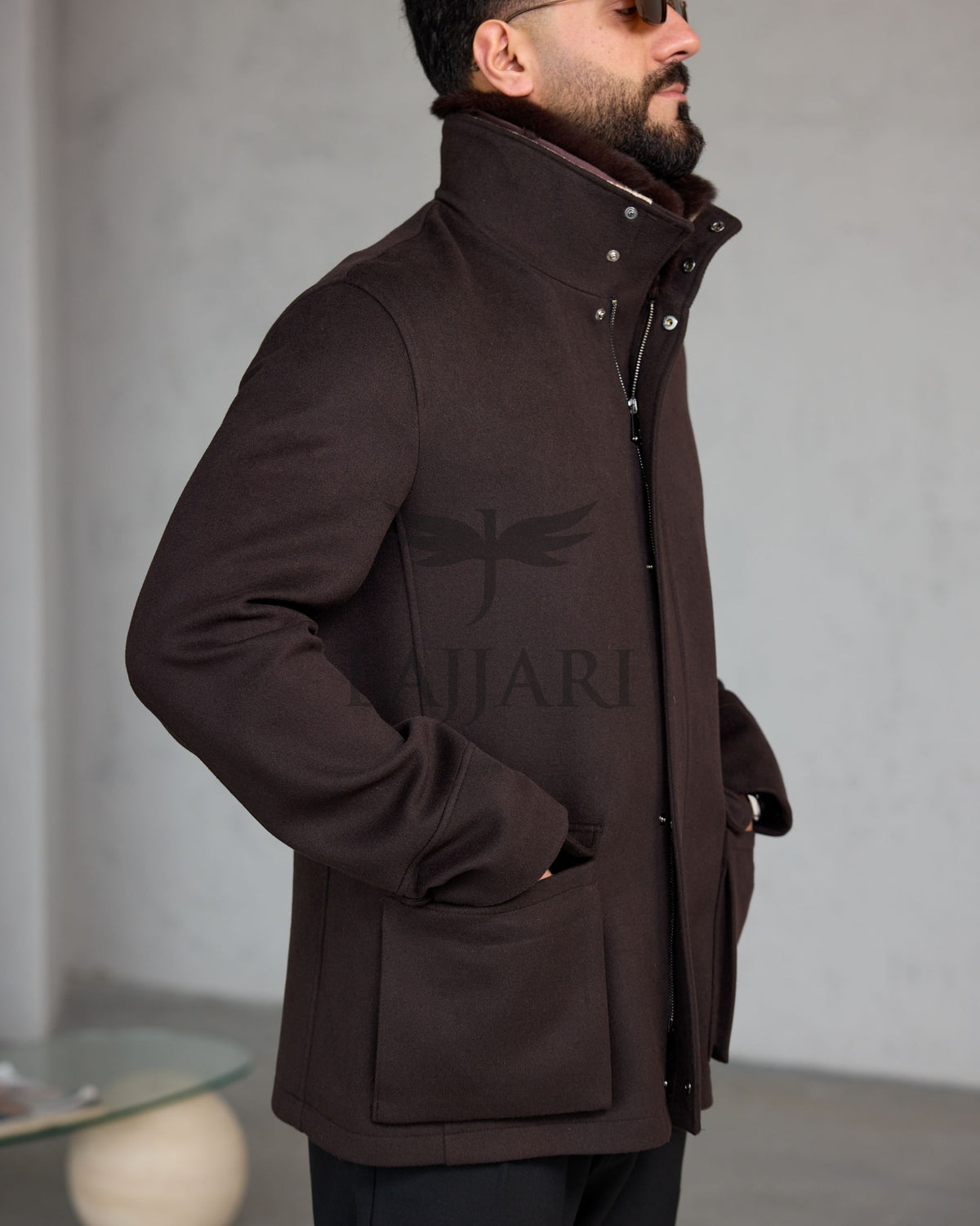 Men's Cashmere Jacket with Removable Lining and Collar, Featuring Rabbit Rex Fur Detail