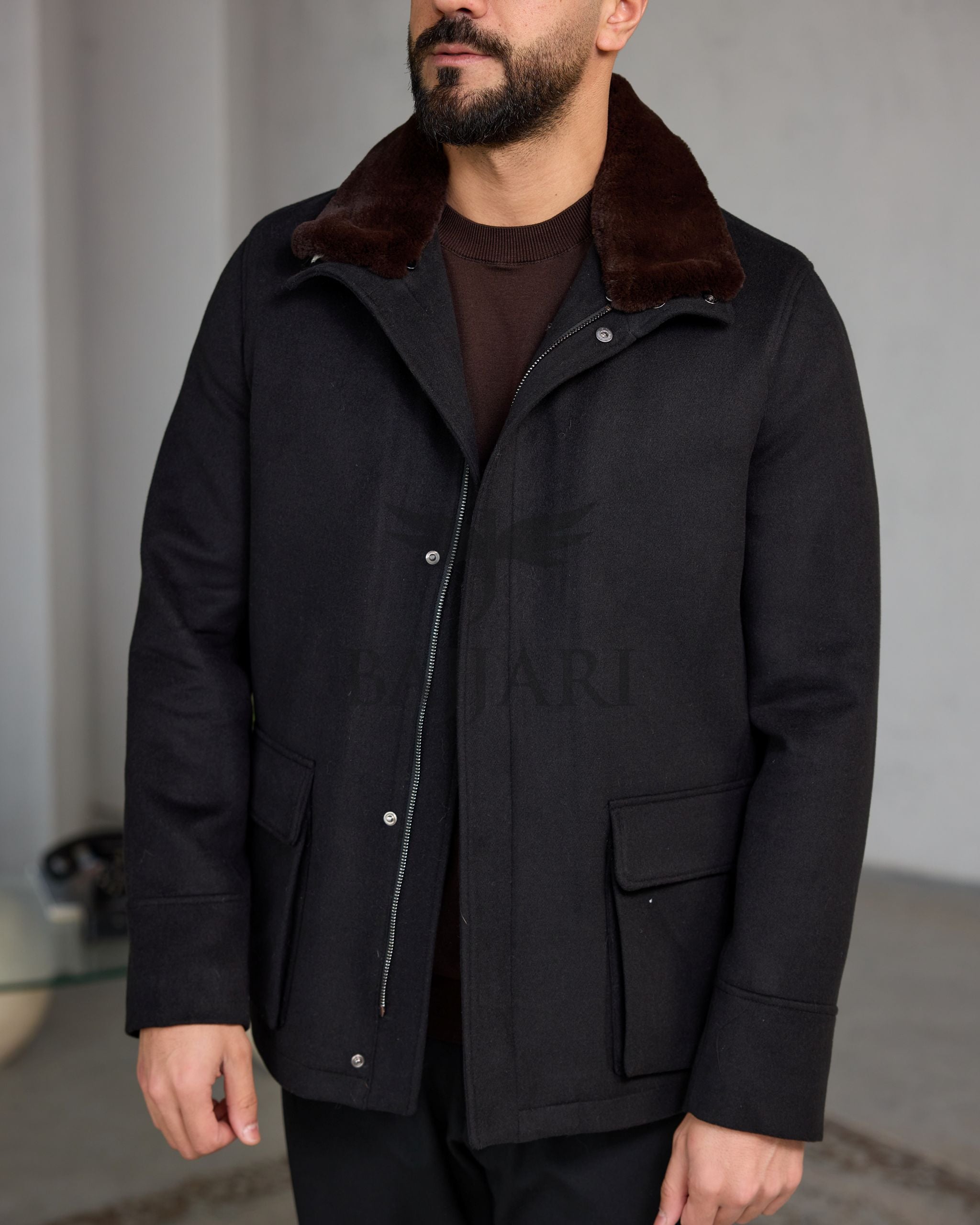 Men's Cashmere Jacket with Removable Lining and Collar, Featuring Rabbit Rex Fur Detail