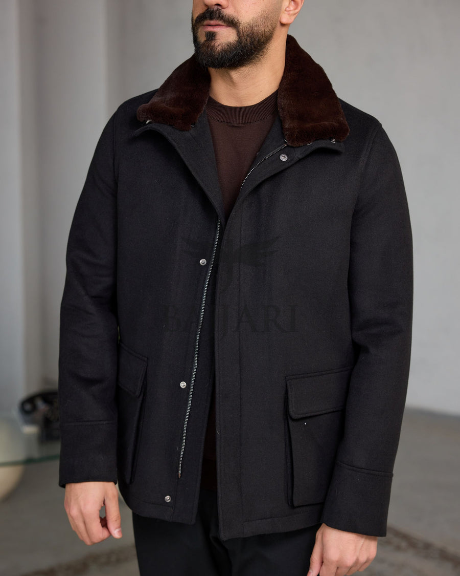 Men's Cashmere Jacket with Removable Lining and Collar, Featuring Rabbit Rex Fur Detail