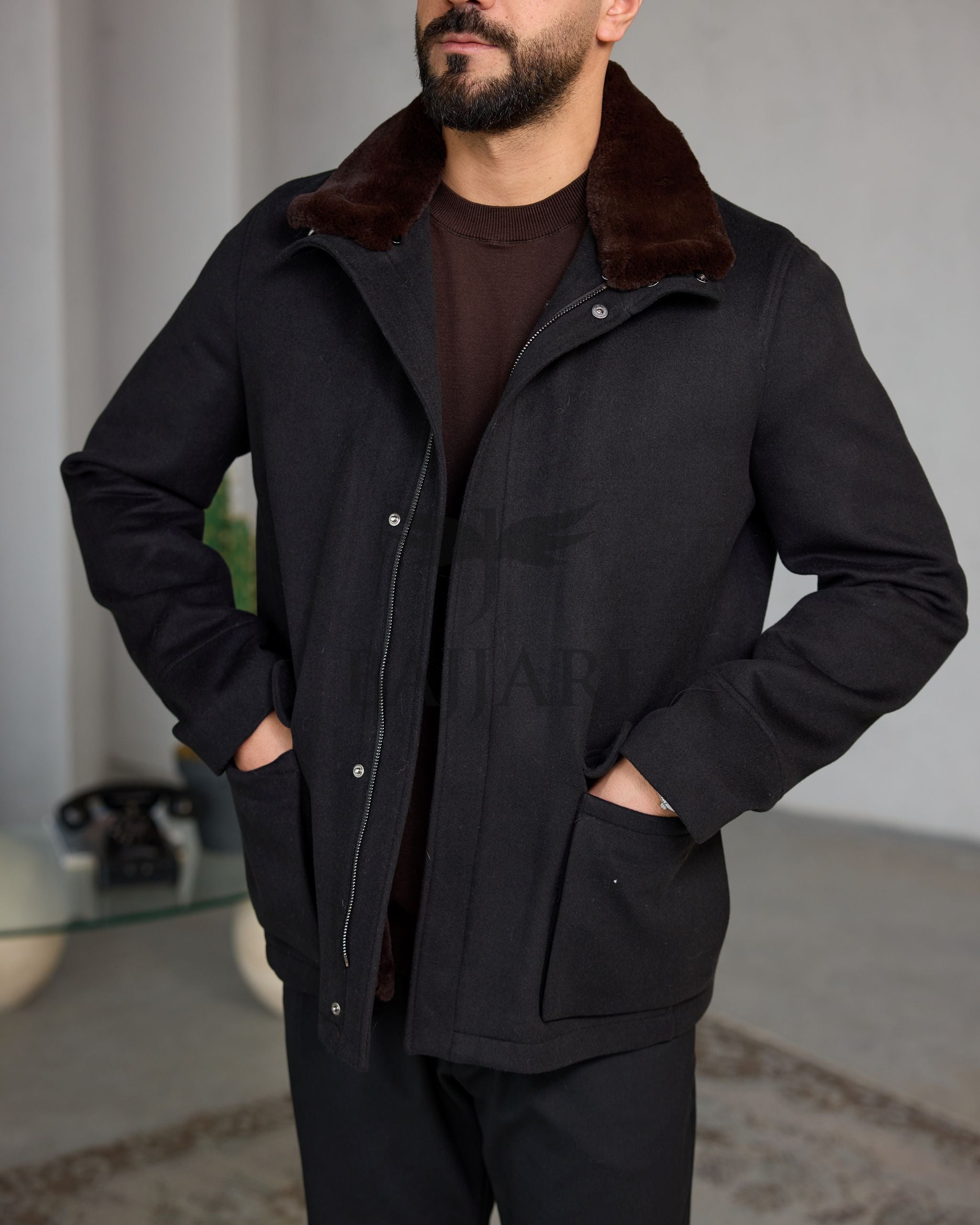 Men's Cashmere Jacket with Removable Lining and Collar, Featuring Rabbit Rex Fur Detail