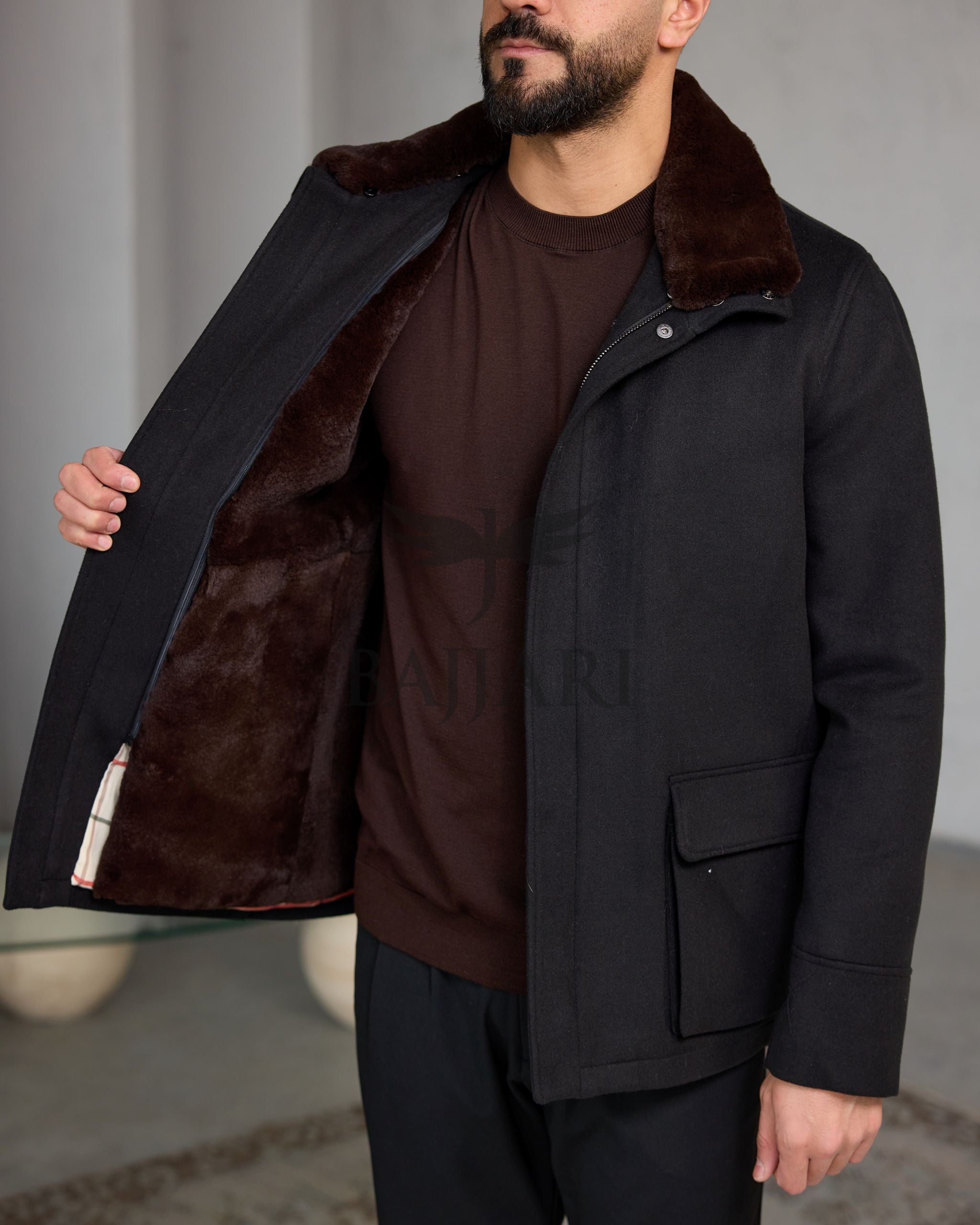 Men's Cashmere Jacket with Removable Lining and Collar, Featuring Rabbit Rex Fur Detail