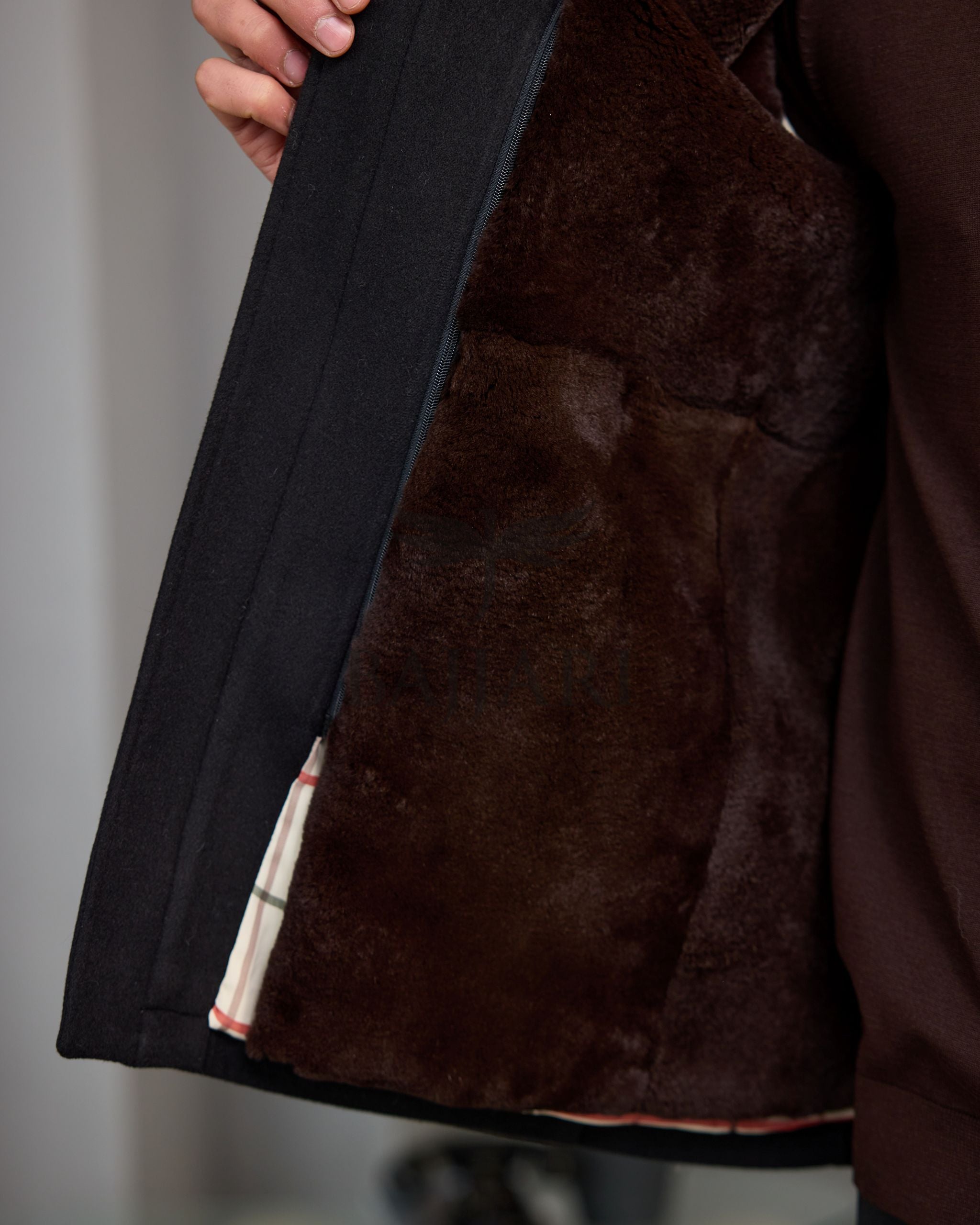 Men's Cashmere Jacket with Removable Lining and Collar, Featuring Rabbit Rex Fur Detail