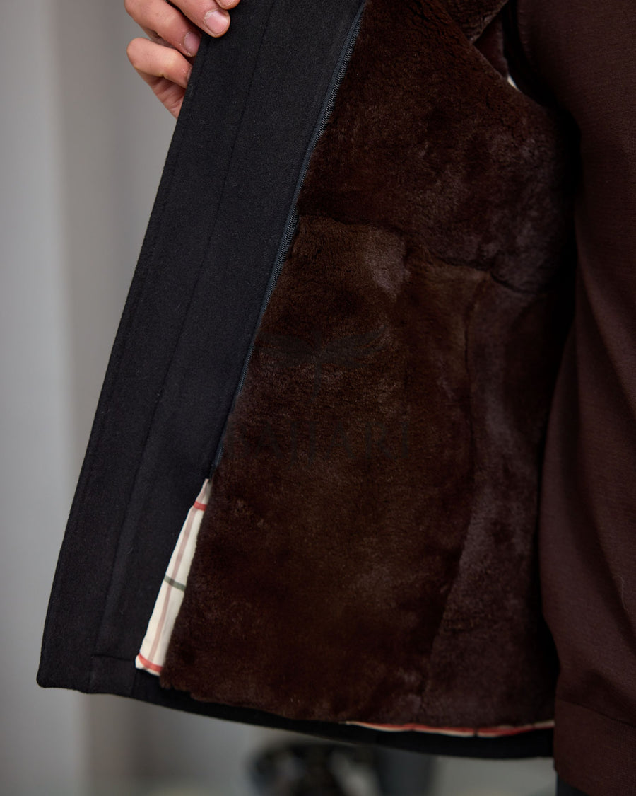 Men's Cashmere Jacket with Removable Lining and Collar, Featuring Rabbit Rex Fur Detail