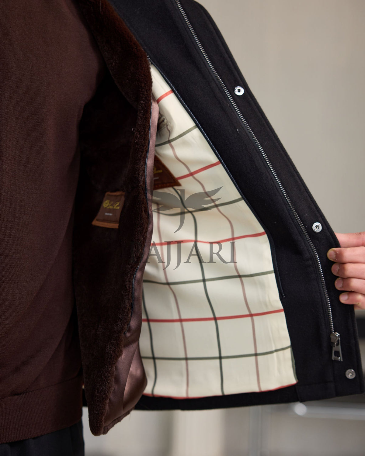 Men's Cashmere Jacket with Removable Lining and Collar, Featuring Rabbit Rex Fur Detail